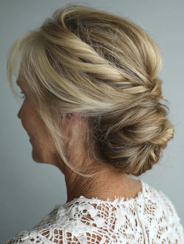 Woman over 70 with pinned Faux-Bob Roll — easy short-hair updo inspiration for women over 70