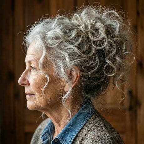 Woman over 70 with pinned-Up Curl Cluster — easy short-hair updo inspiration for women over 70