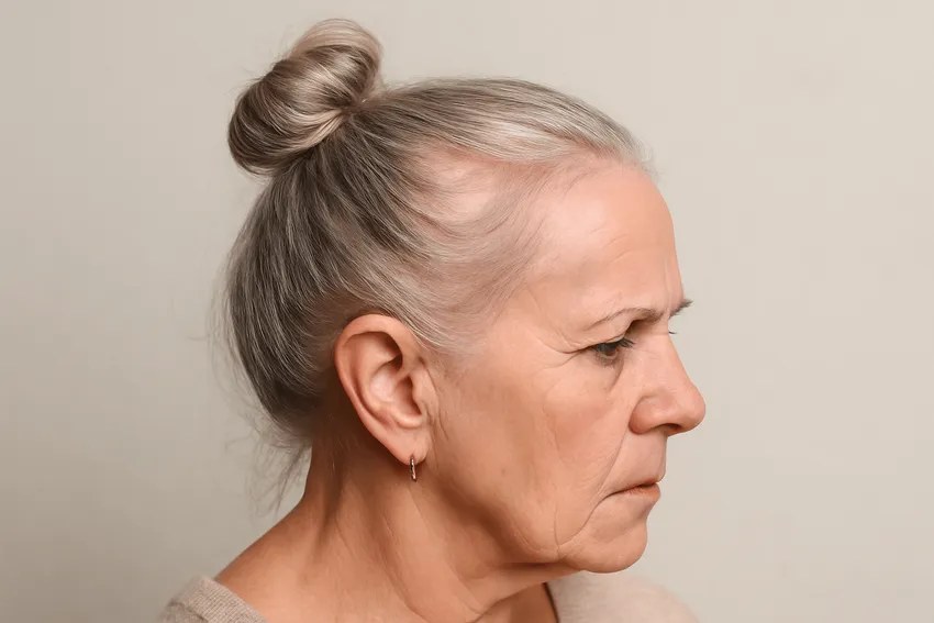Woman over 70 with mini Top Bun Pin-Up — easy short-hair updo inspiration for women over 70