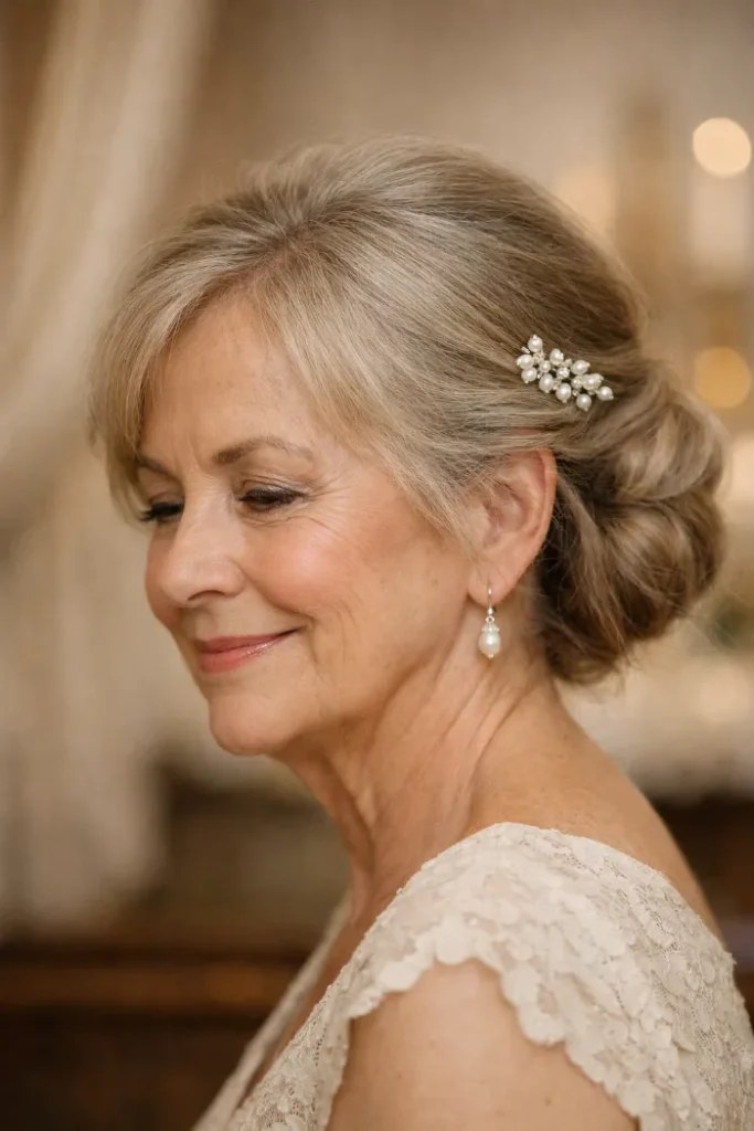 Woman over 70 with elegant Pinned-Up Bob With Pearl Pins — easy short-hair updo inspiration for women over 70