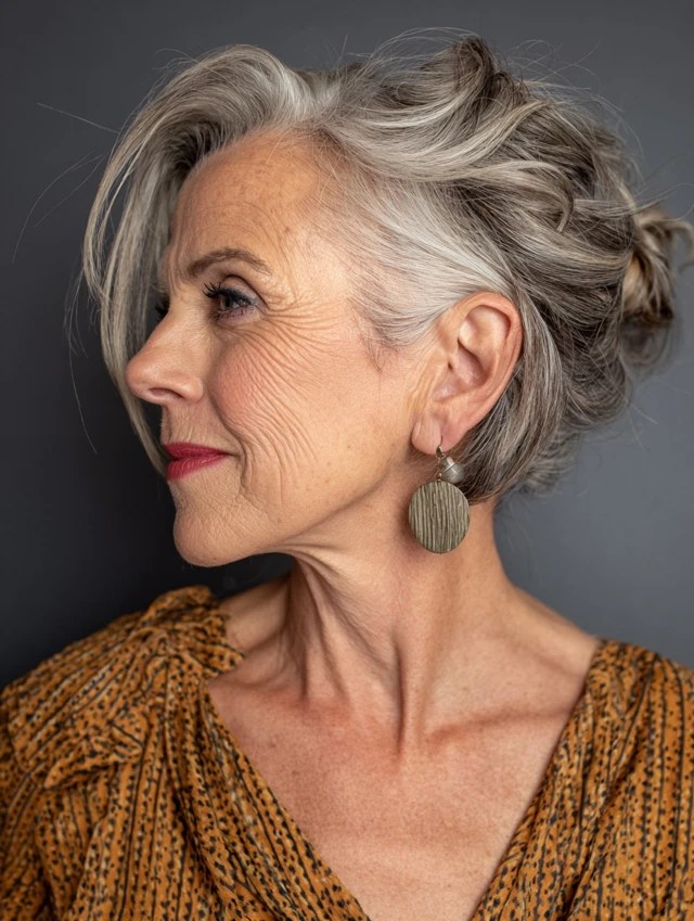 Woman over 70 with twisted Crown Pin-Up — easy short-hair updo inspiration for women over 70
