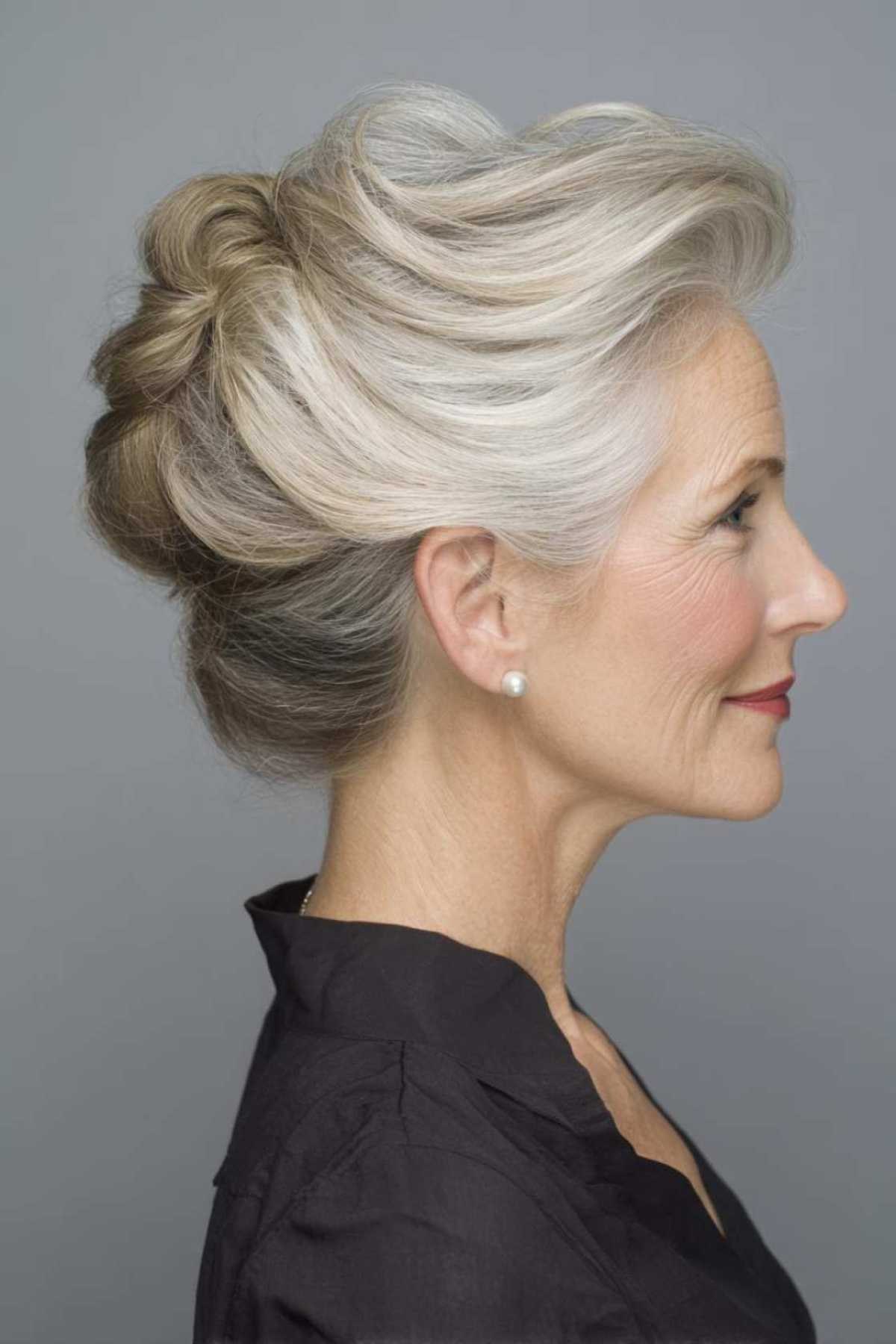 Woman over 70 with mini French Twist — easy short-hair updo inspiration for women over 70