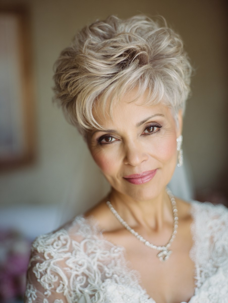 Woman over 70 with twirled Front Roll — easy short-hair updo inspiration for women over 70