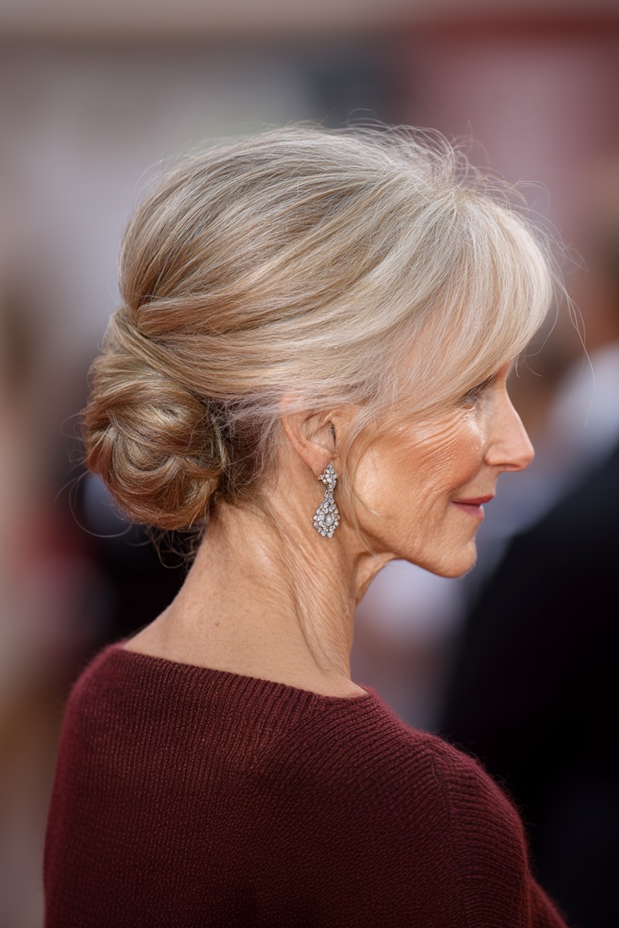 Woman over 70 with low Gibson-Style Tuck — easy short-hair updo inspiration for women over 70