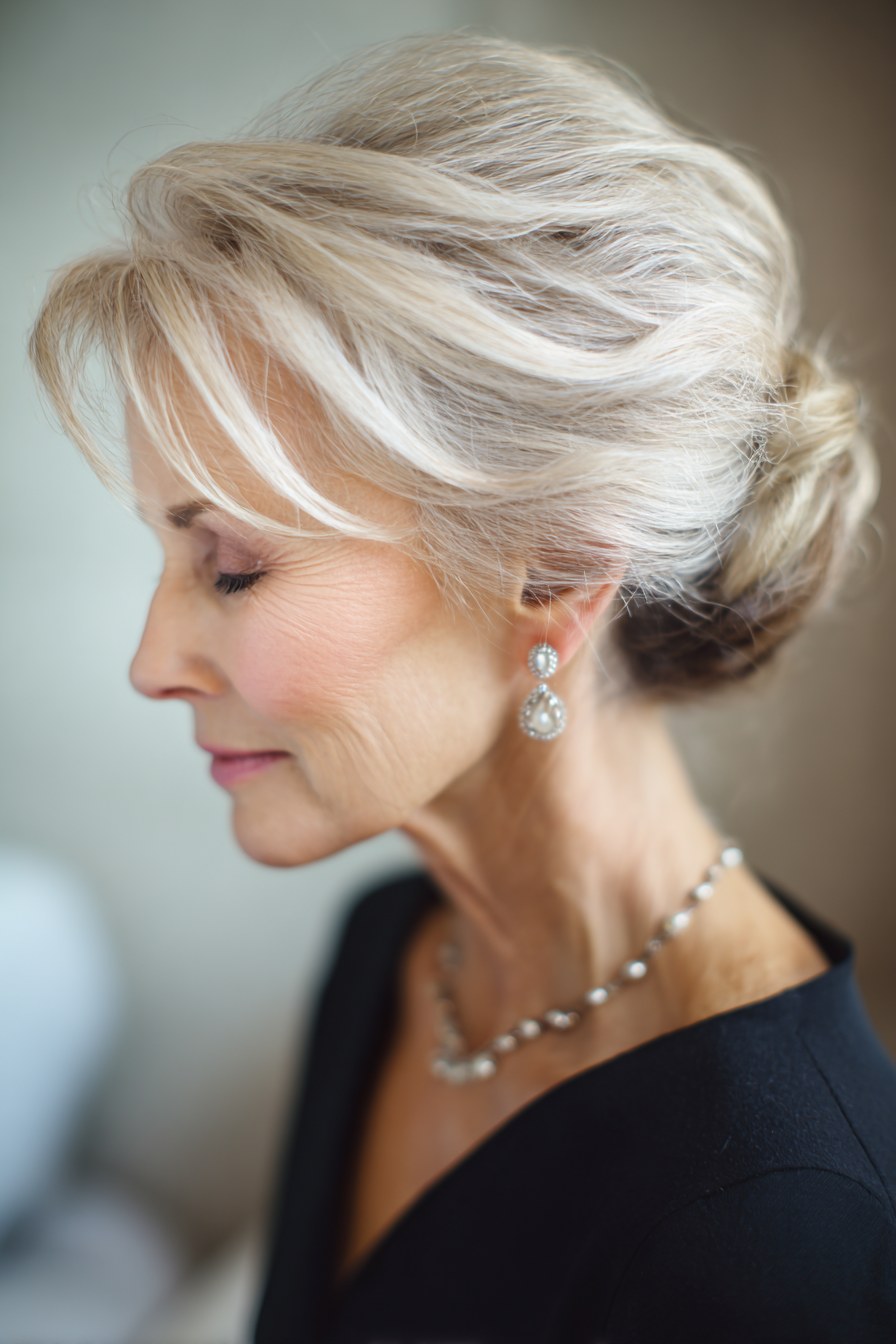 Woman over 70 with petite Rolled Chignon — easy short-hair updo inspiration for women over 70