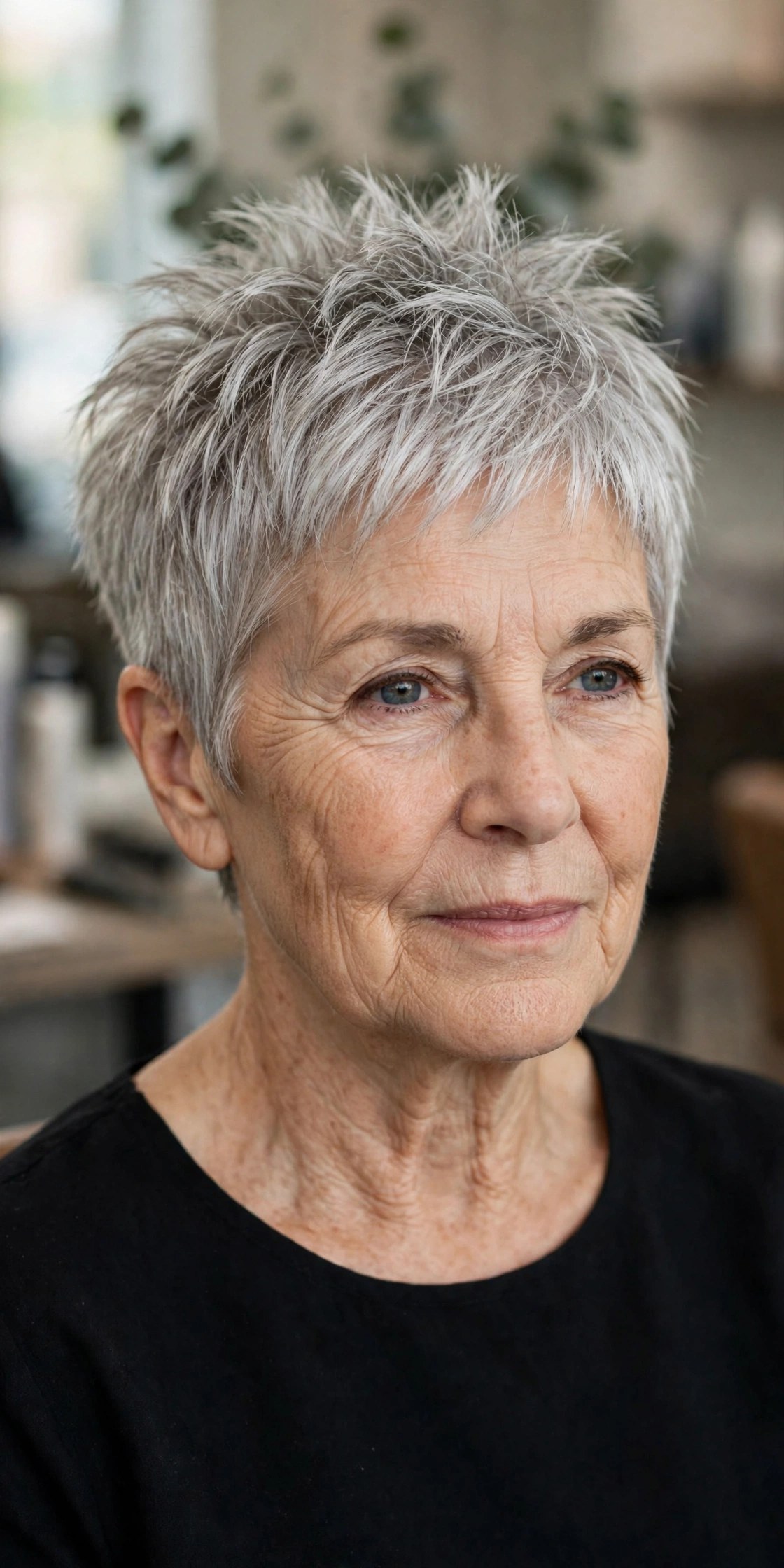 Choppy Silver Pixie with a Spiky Crown on a woman over 50 - edgy haircuts for women over 50