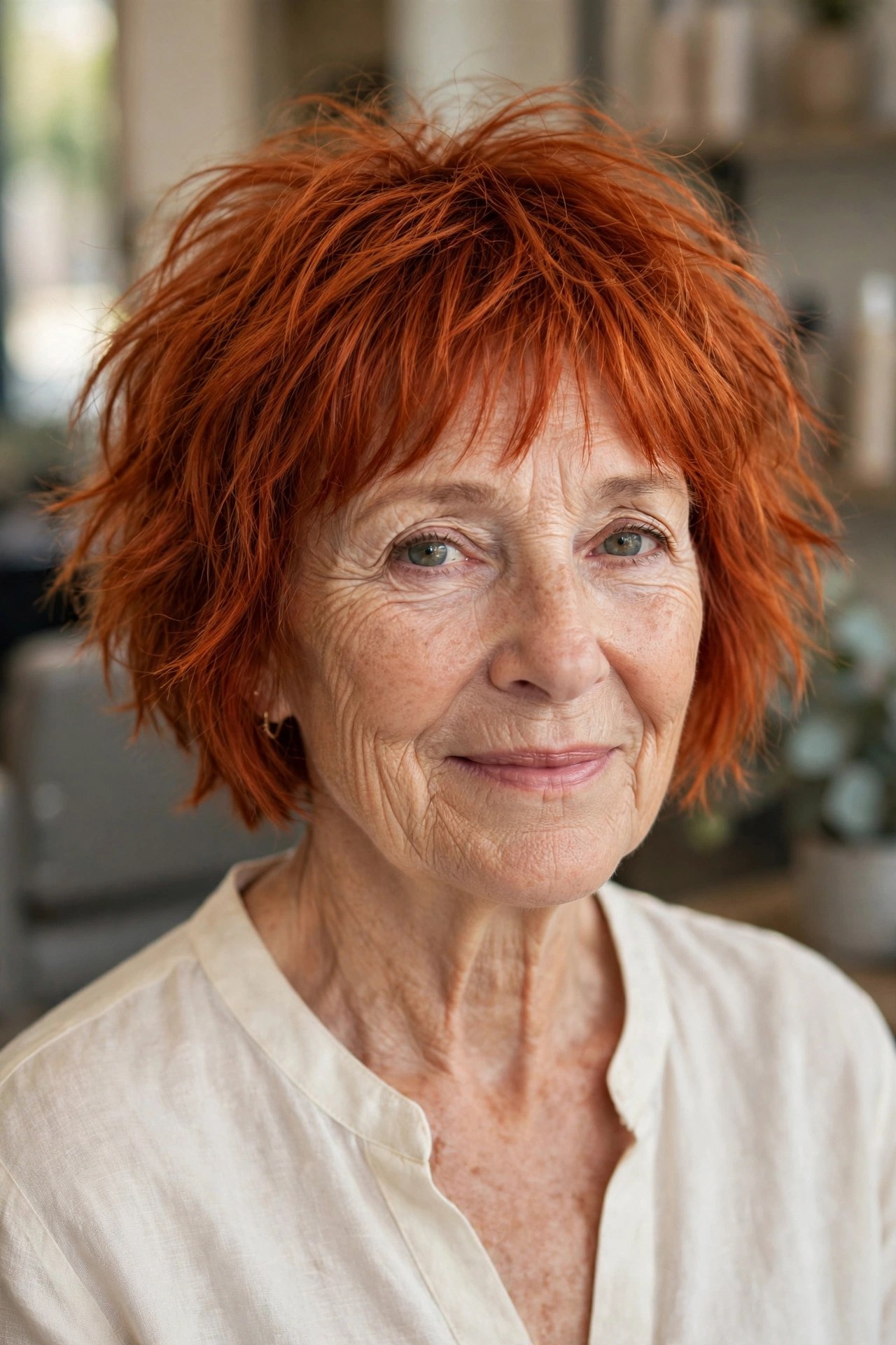 Vivid Copper Choppy Bob on a woman over 50 - edgy haircuts for women over 50