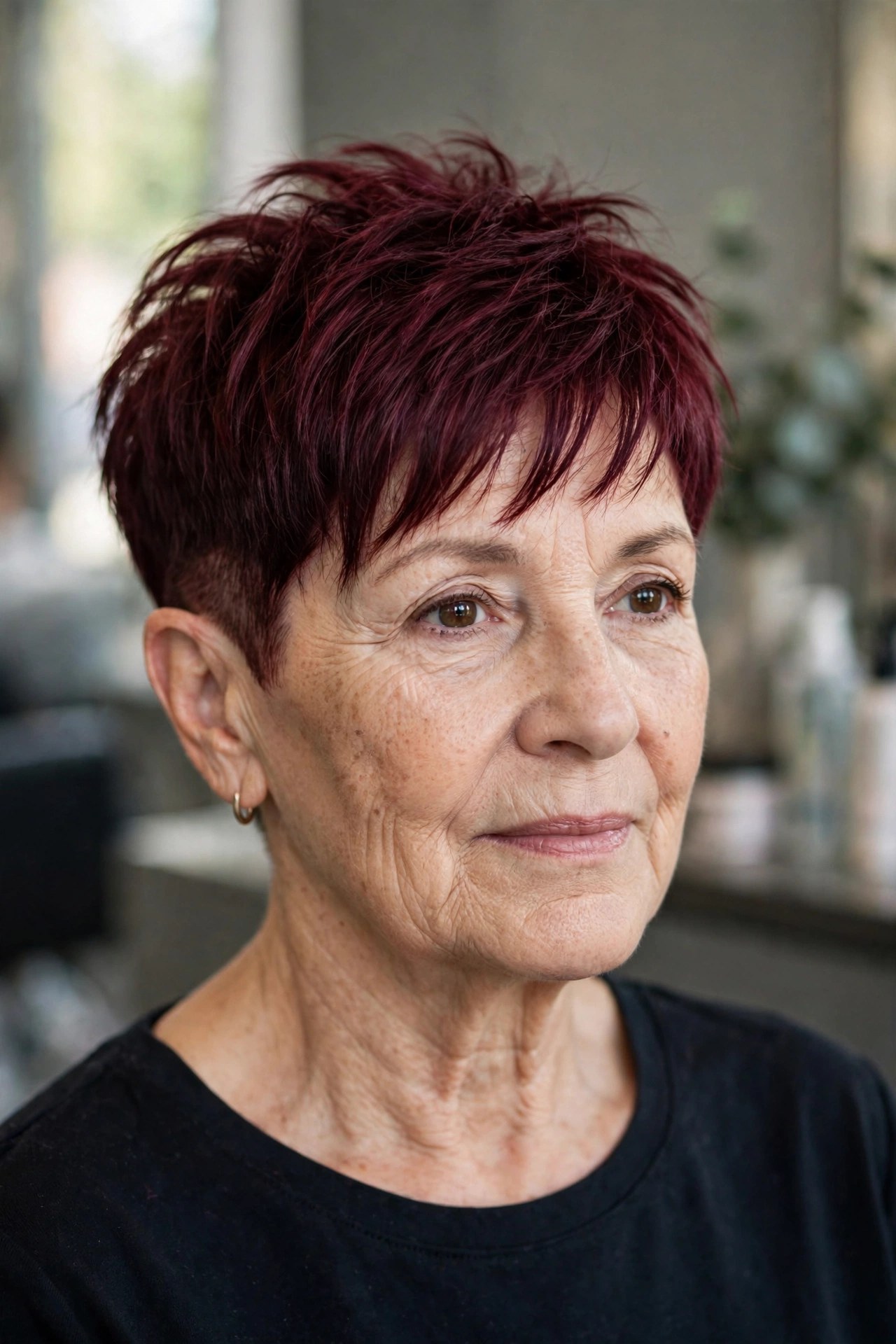 Burgundy Pixie with a Shaved Nape on a woman over 50 - edgy haircuts for women over 50
