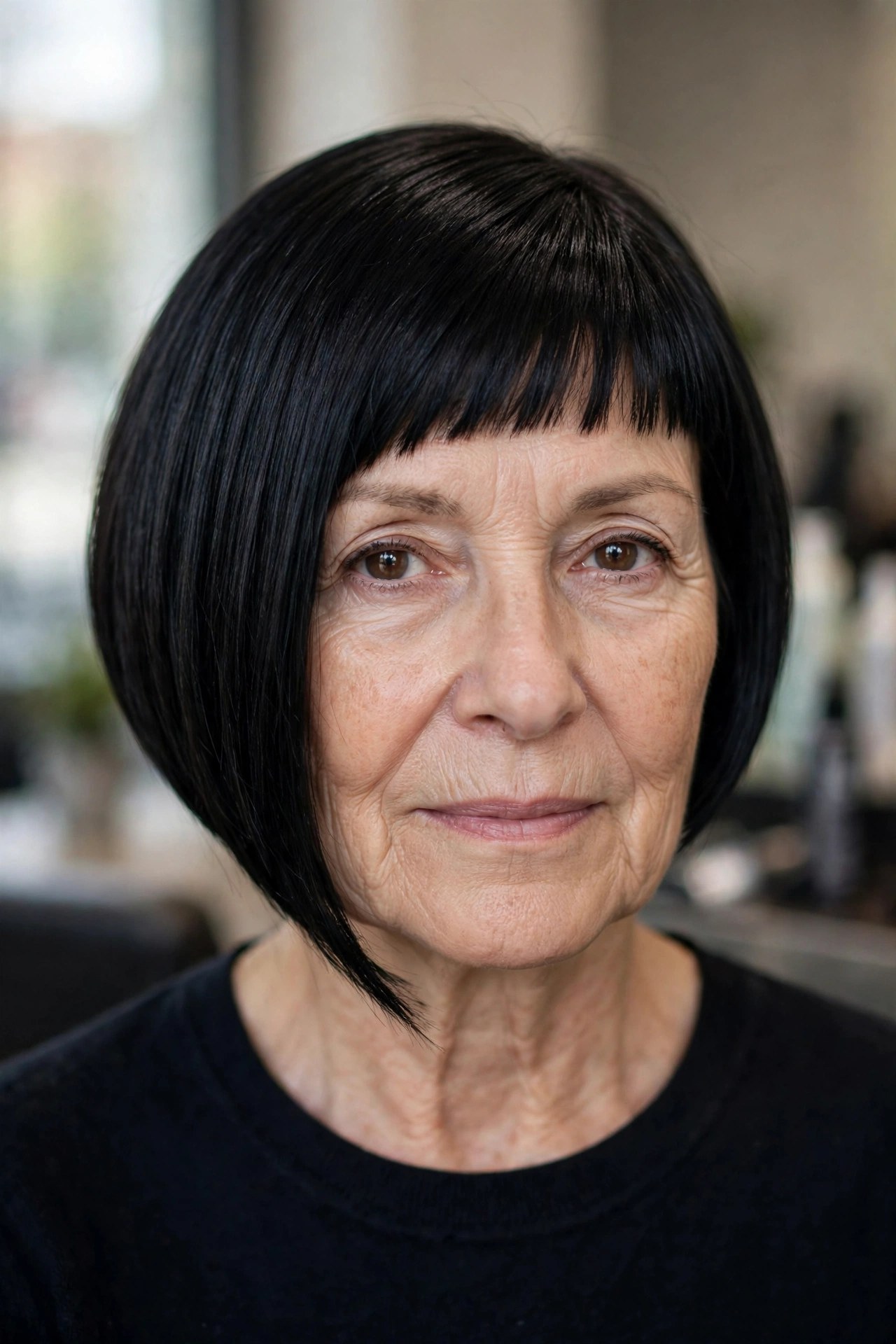 Sleek Angular Bob with Blunt Micro-Bangs on a woman over 50 - edgy haircuts for women over 50