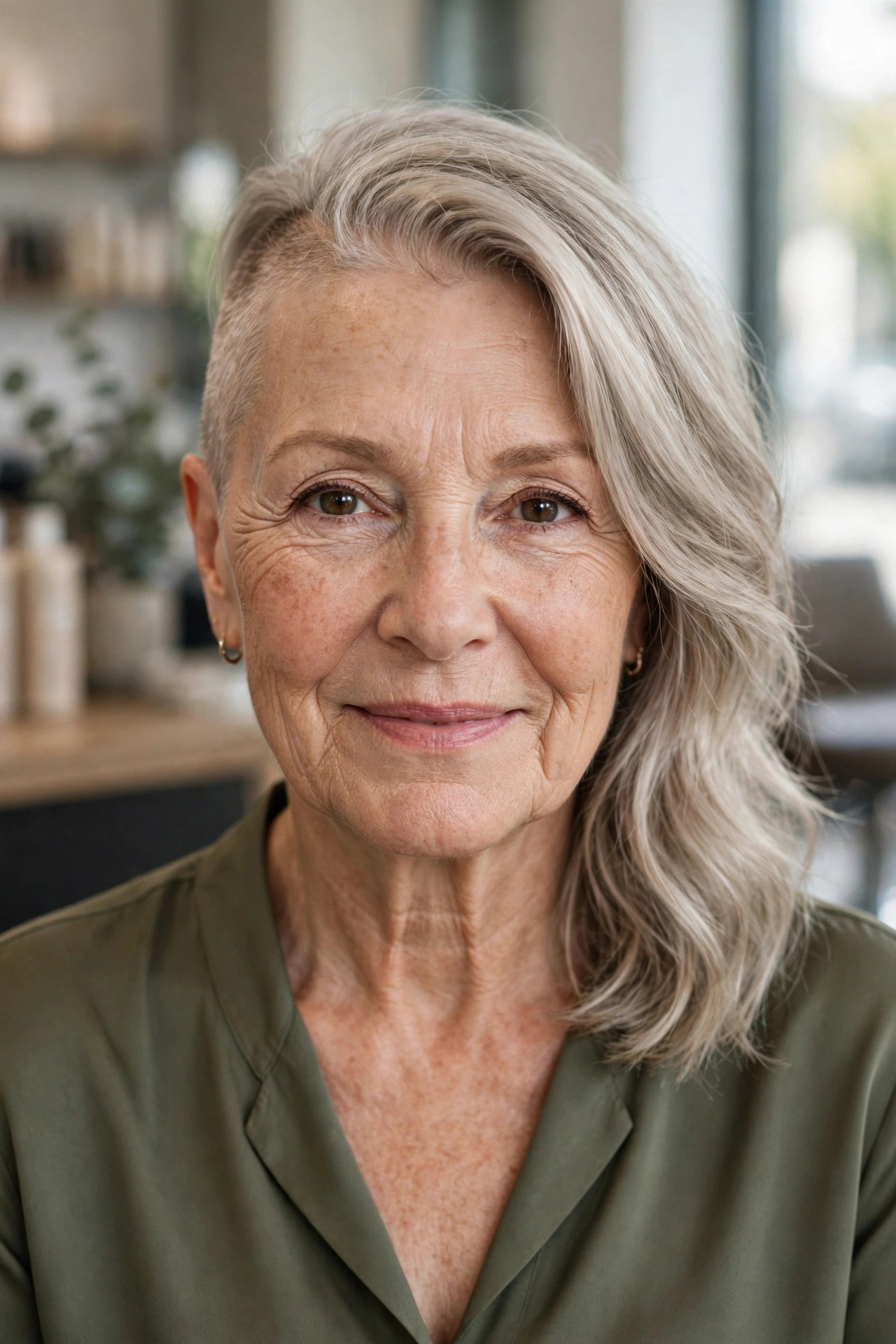 Side-Shaved Asymmetric Lob in Ash Blonde on a woman over 50 - edgy haircuts for women over 50