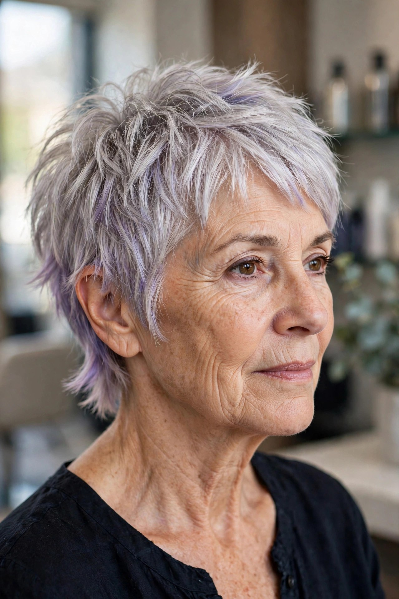 Silver Pixie with Lavender Peekaboo Panels on a woman over 50 - edgy haircuts for women over 50