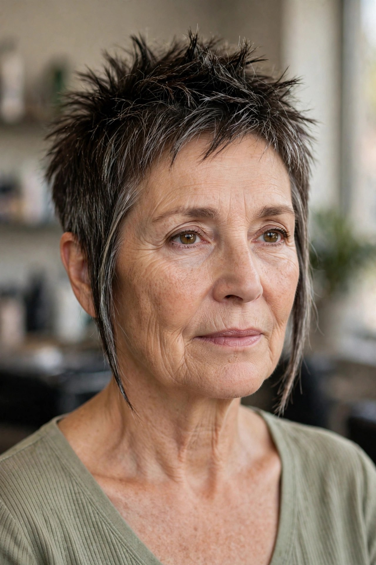 Spiky Crop with Long Pointed Sideburns on a woman over 50 - edgy haircuts for women over 50