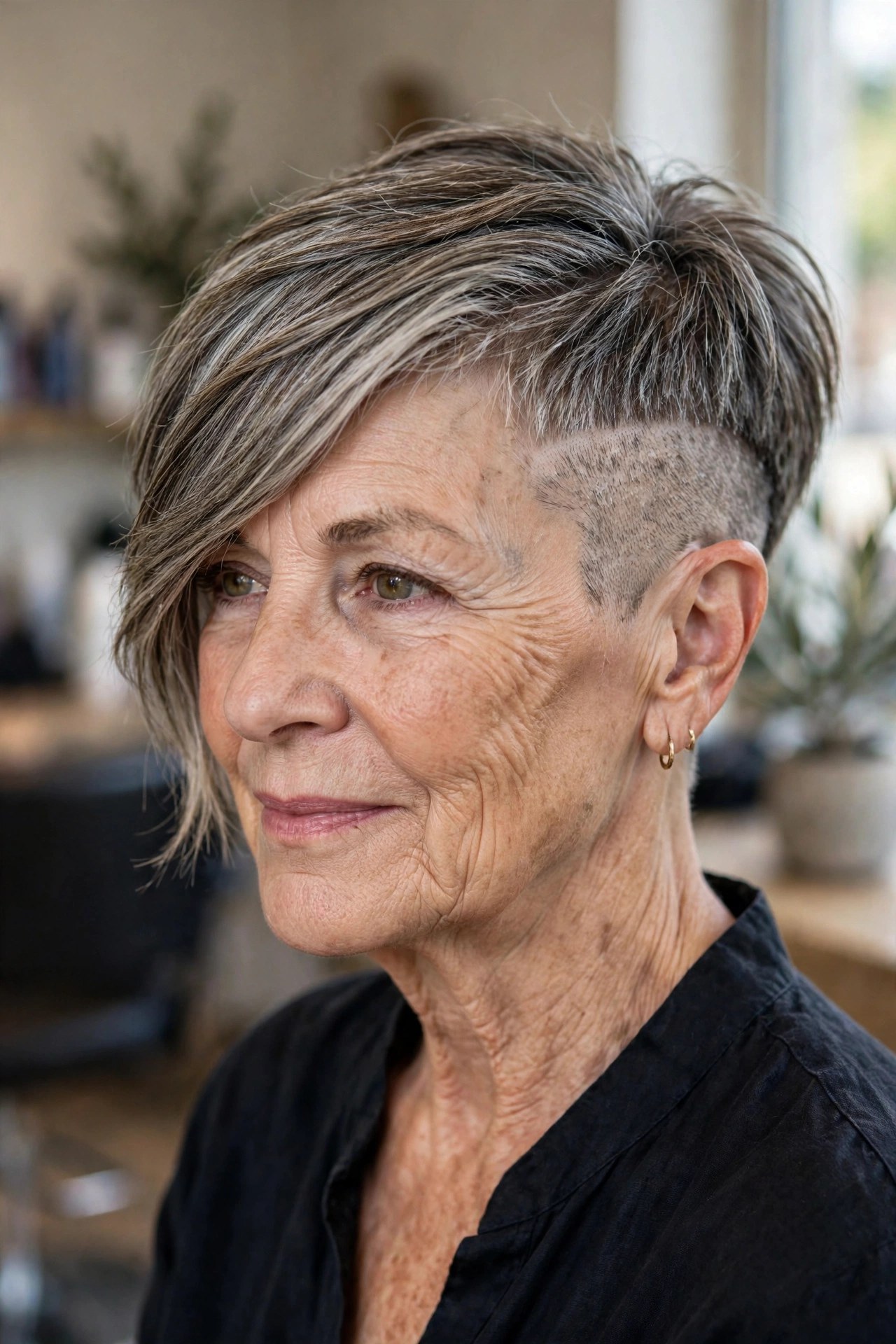 Undercut Pixie with a Long Side-Swept Fringe on a woman over 50 - edgy haircuts for women over 50