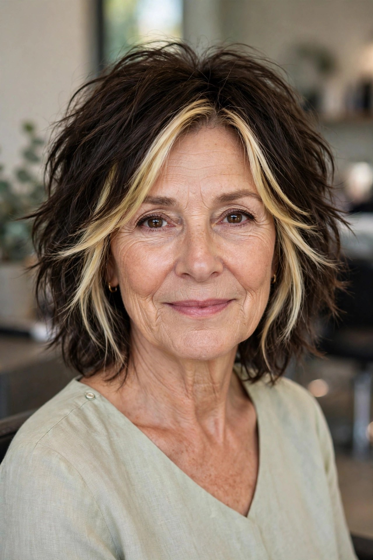 Tousled Shaggy Lob with a Bold Money Piece on a woman over 50 - edgy haircuts for women over 50