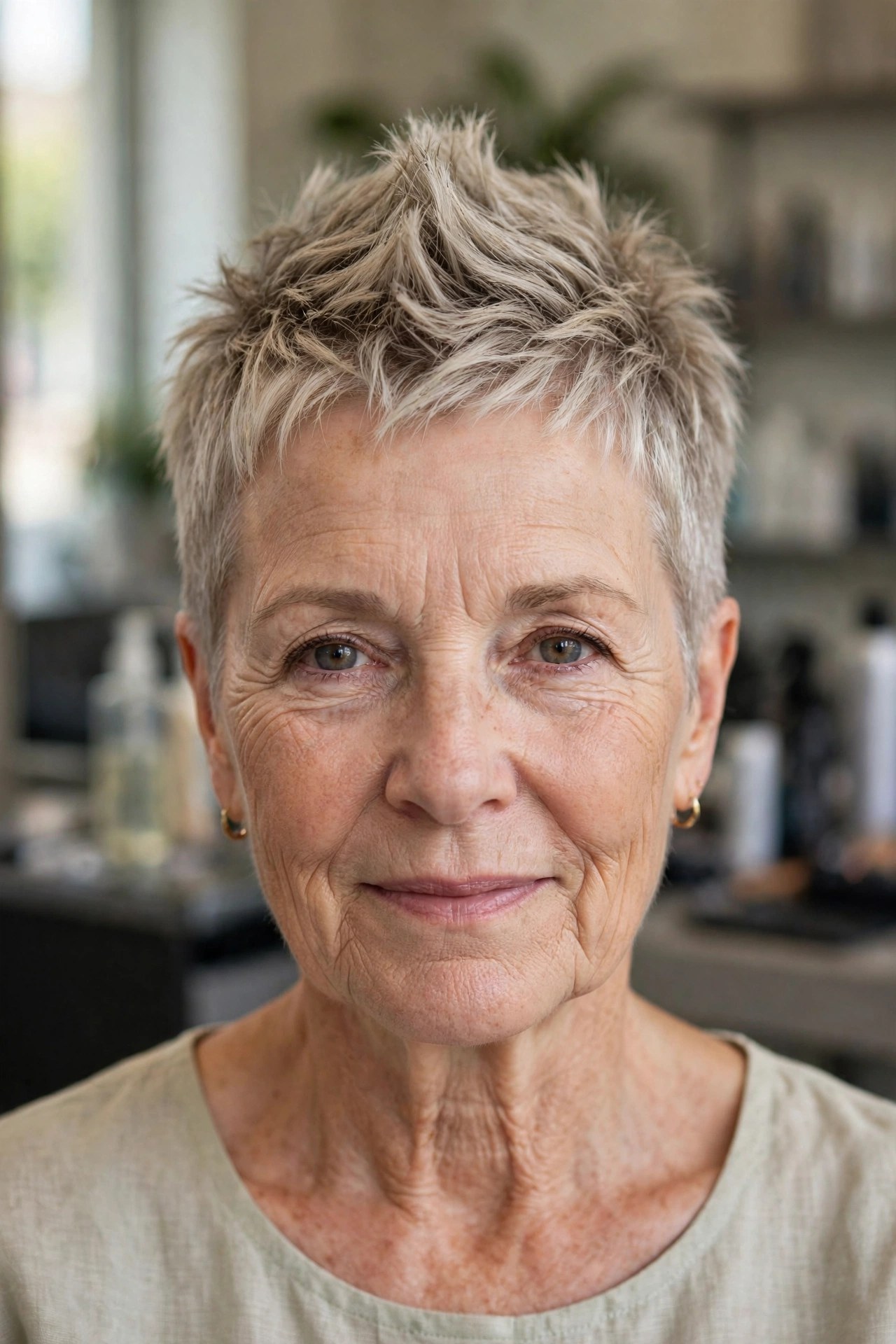 Soft Mohawk Pixie with a Textured Centre Strip on a woman over 50 - edgy haircuts for women over 50