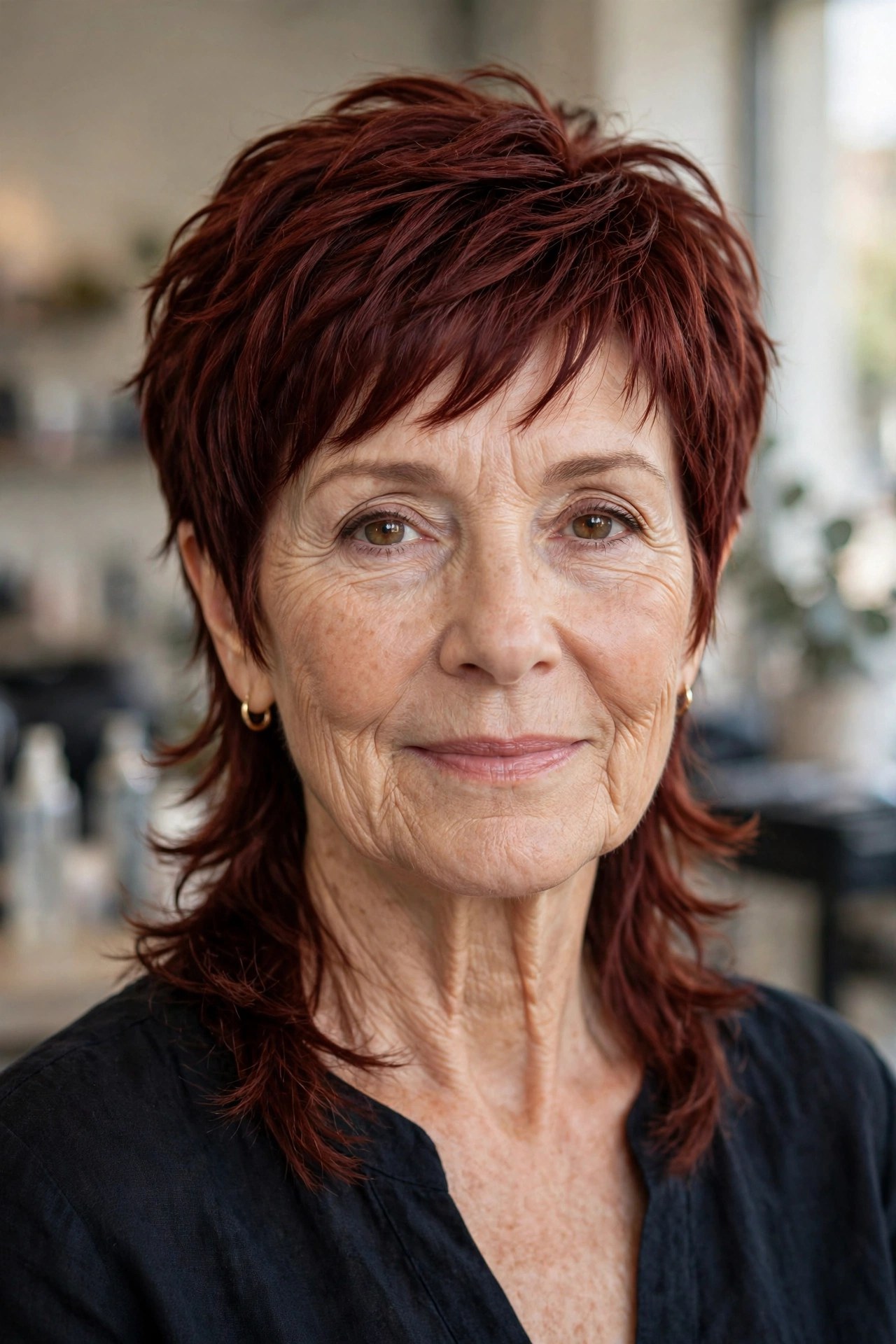 Modern Pixie Mullet in Mahogany Red on a woman over 50 - edgy haircuts for women over 50