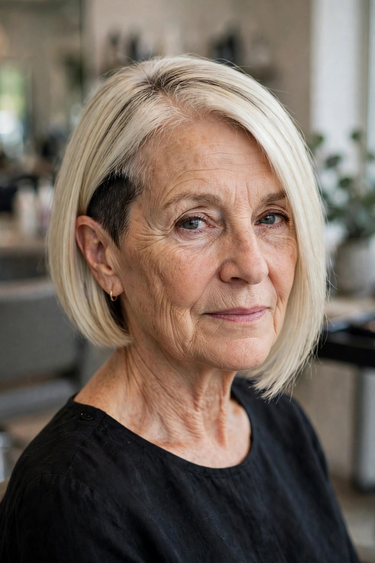 Disconnected Undercut Bob in Platinum on a woman over 50 - edgy haircuts for women over 50