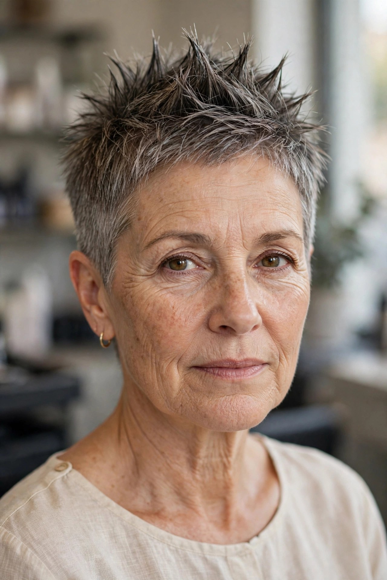 Spiky Pixie with Tapered Sides in Salt and Pepper on a woman over 50 - edgy haircuts for women over 50