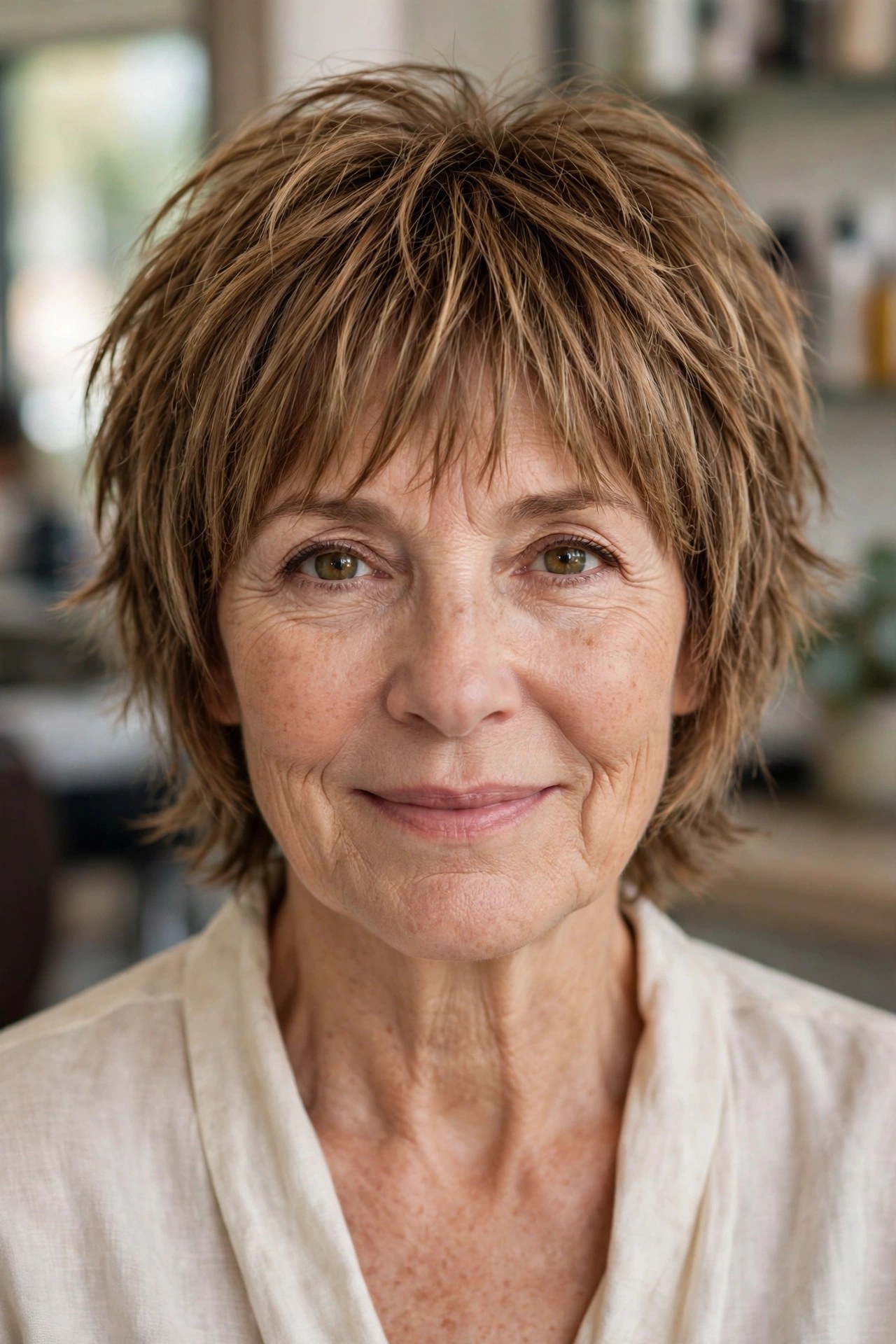Razor-Cut Shag with Choppy Bangs on a woman over 50 - edgy haircuts for women over 50