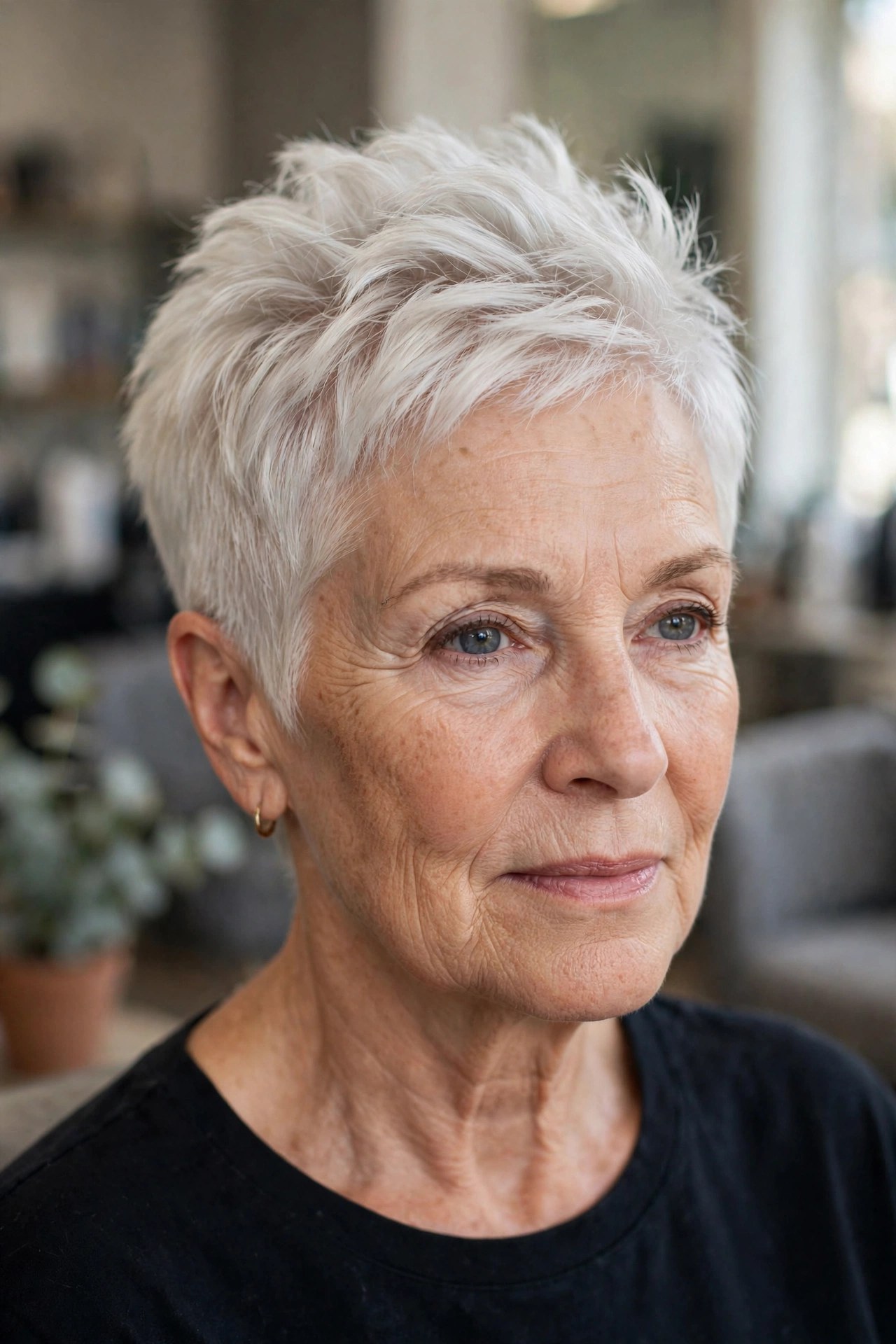 Platinum Pixie with a Voluminous Crown on a woman over 50 - edgy haircuts for women over 50