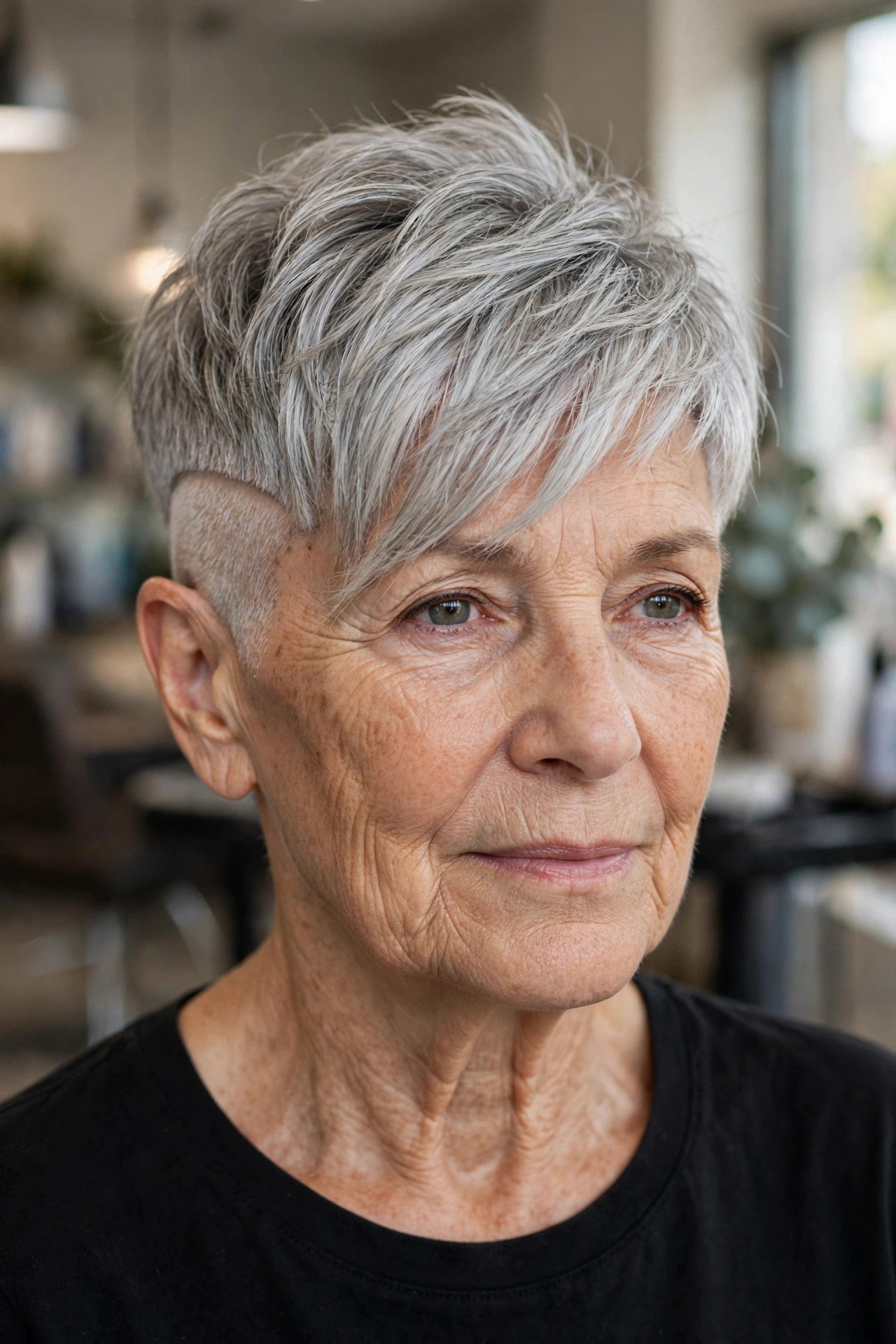 Silver Undercut Pixie With a Long Textured Top — edgy short haircut on a woman over 60