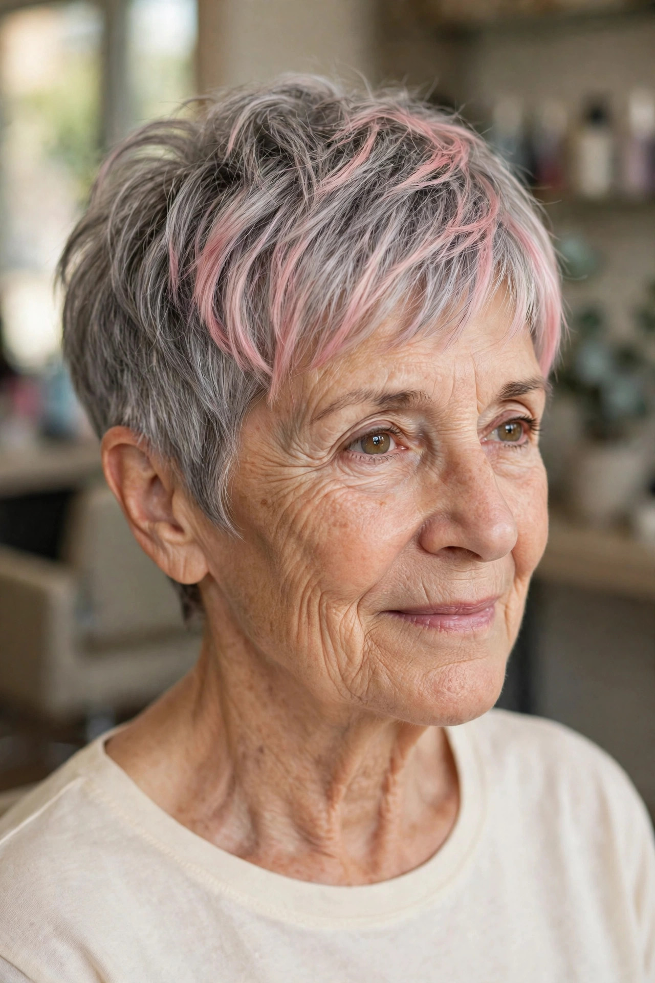 Pastel Pink Tips on a Gray Pixie — edgy short haircut on a woman over 60