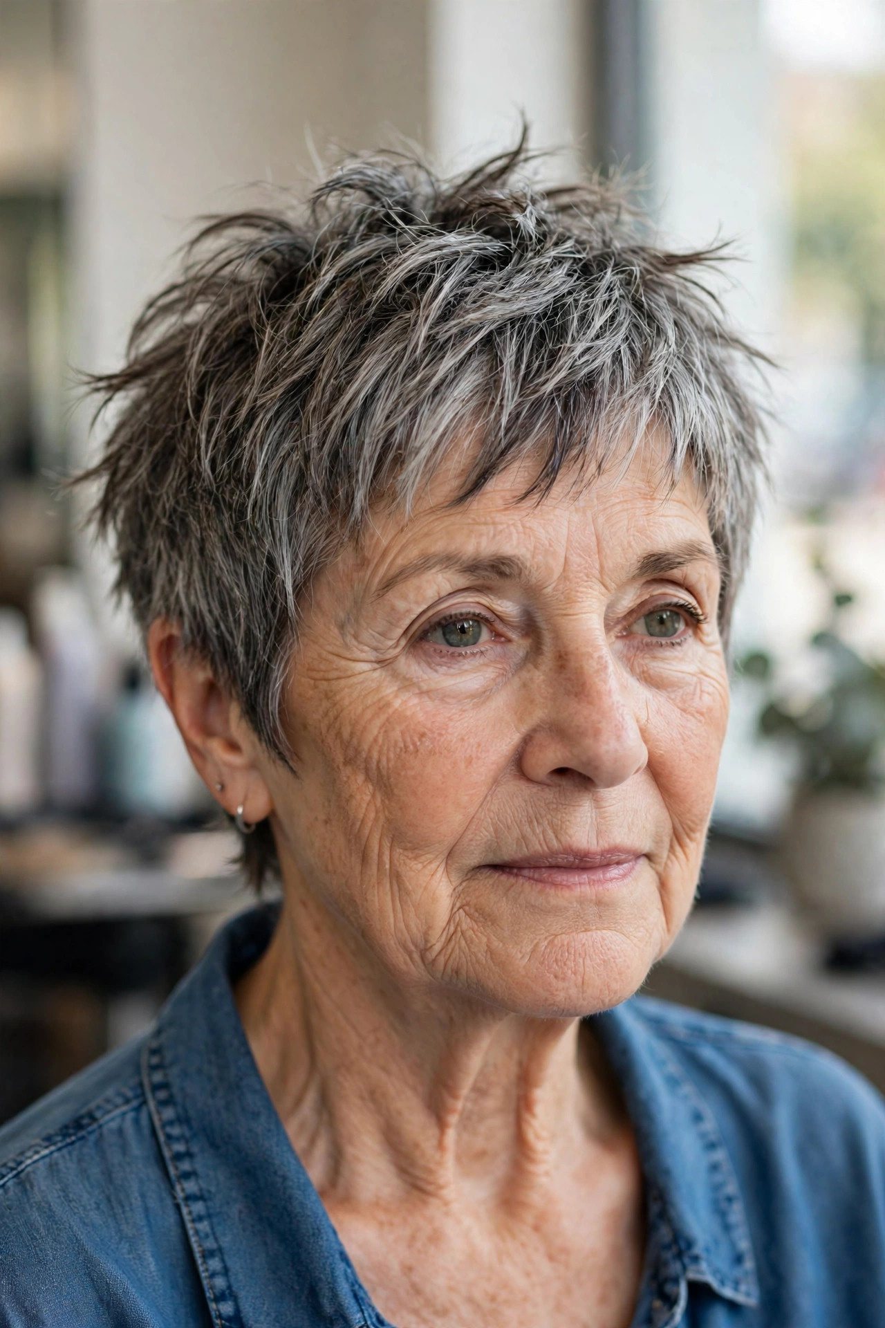 Razor-Cut Shaggy Pixie — edgy short haircut on a woman over 60
