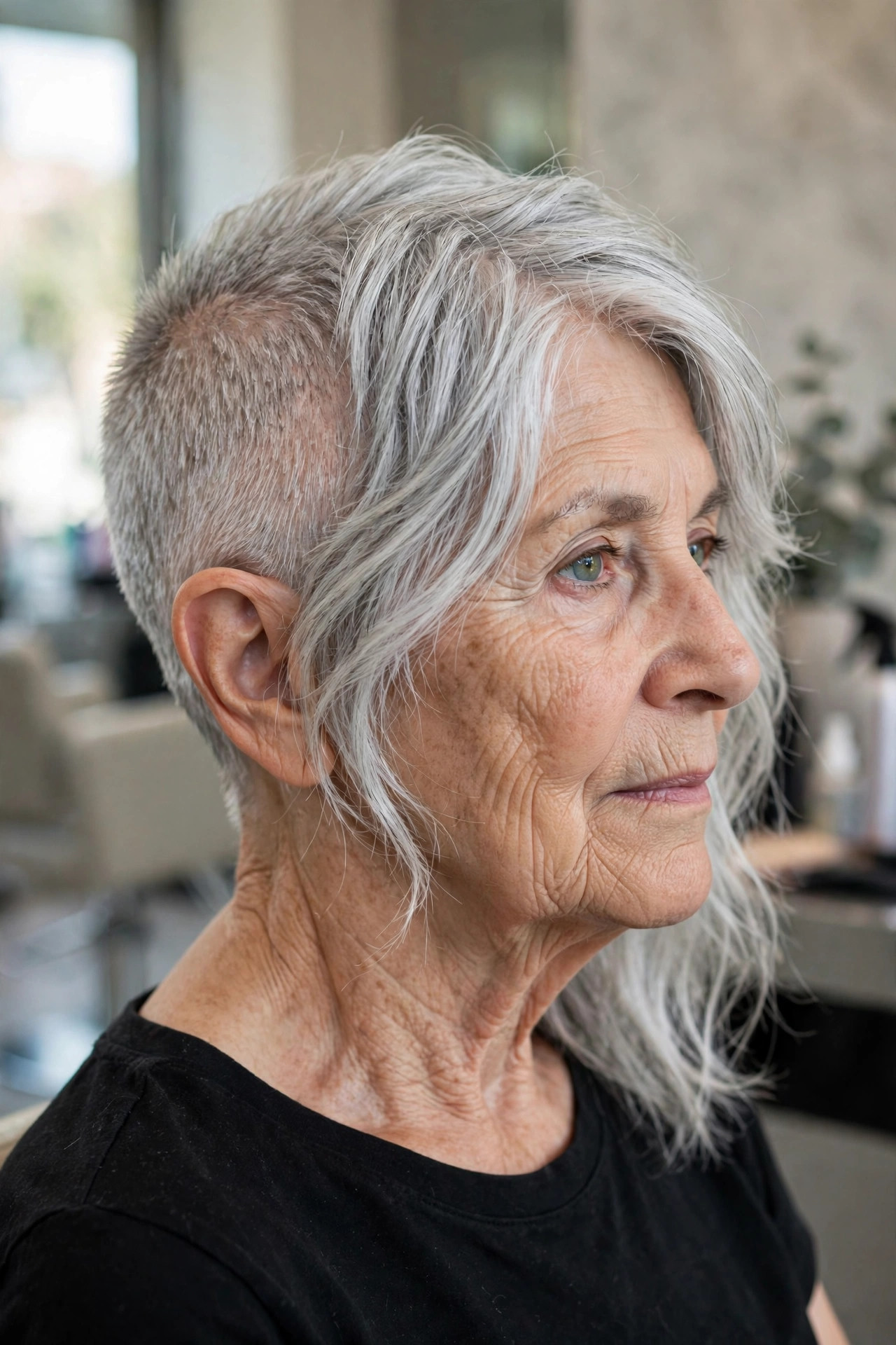 One-Side Shaved Asymmetric Crop — edgy short haircut on a woman over 60