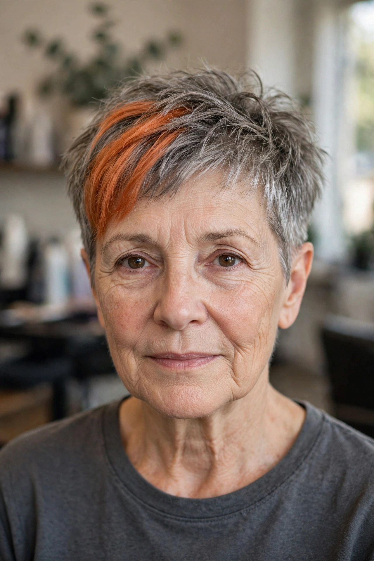 Bold Copper Panel on a Gray Crop — edgy short haircut on a woman over 60