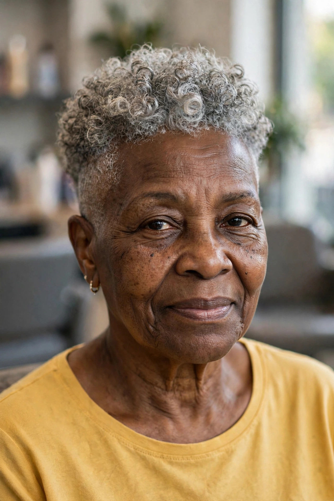 Faded Sides With a Full Silver Curly Top — edgy short haircut on a woman over 60