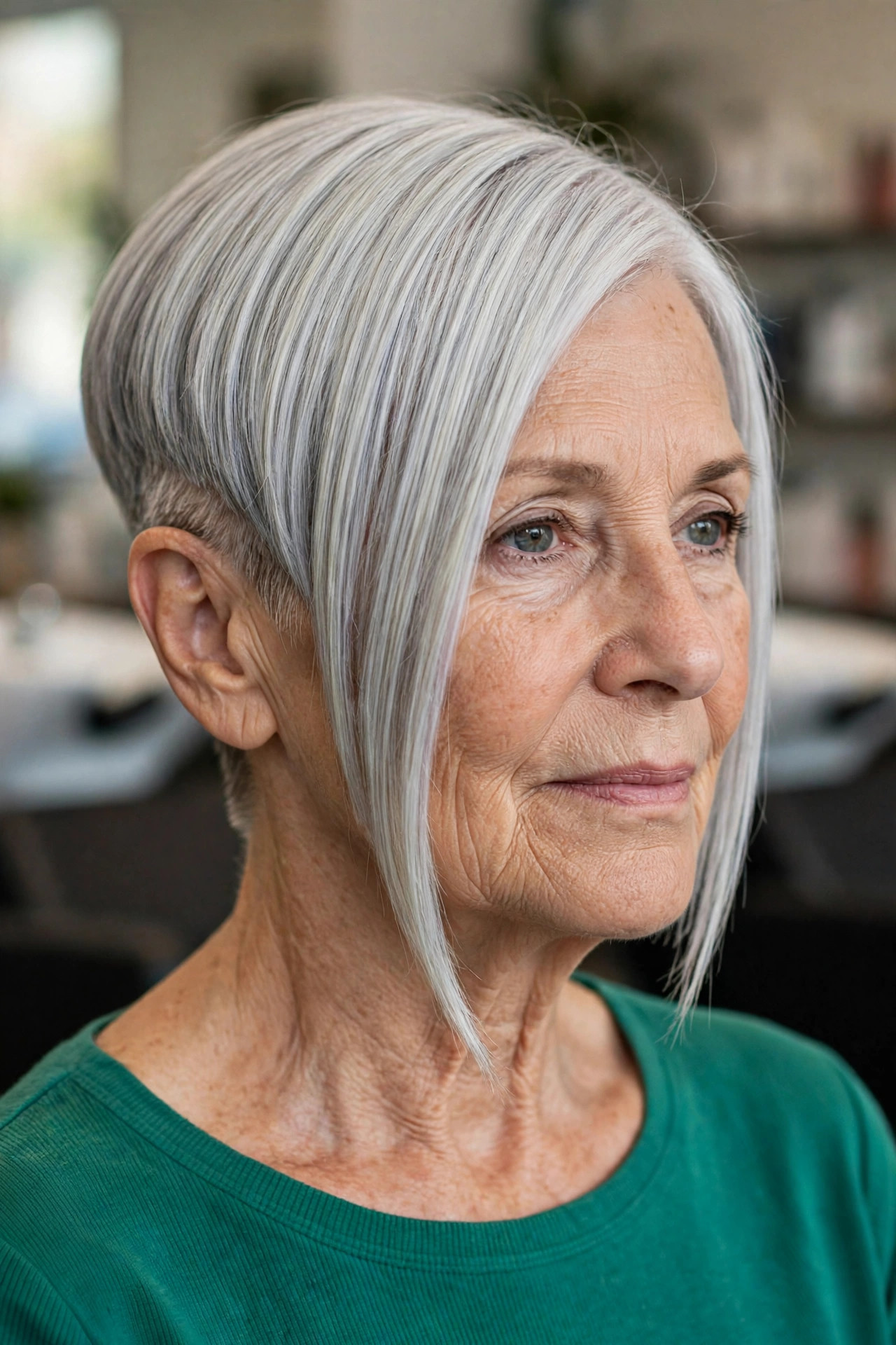 Edgy Inverted Bob With an Undercut Nape — edgy short haircut on a woman over 60