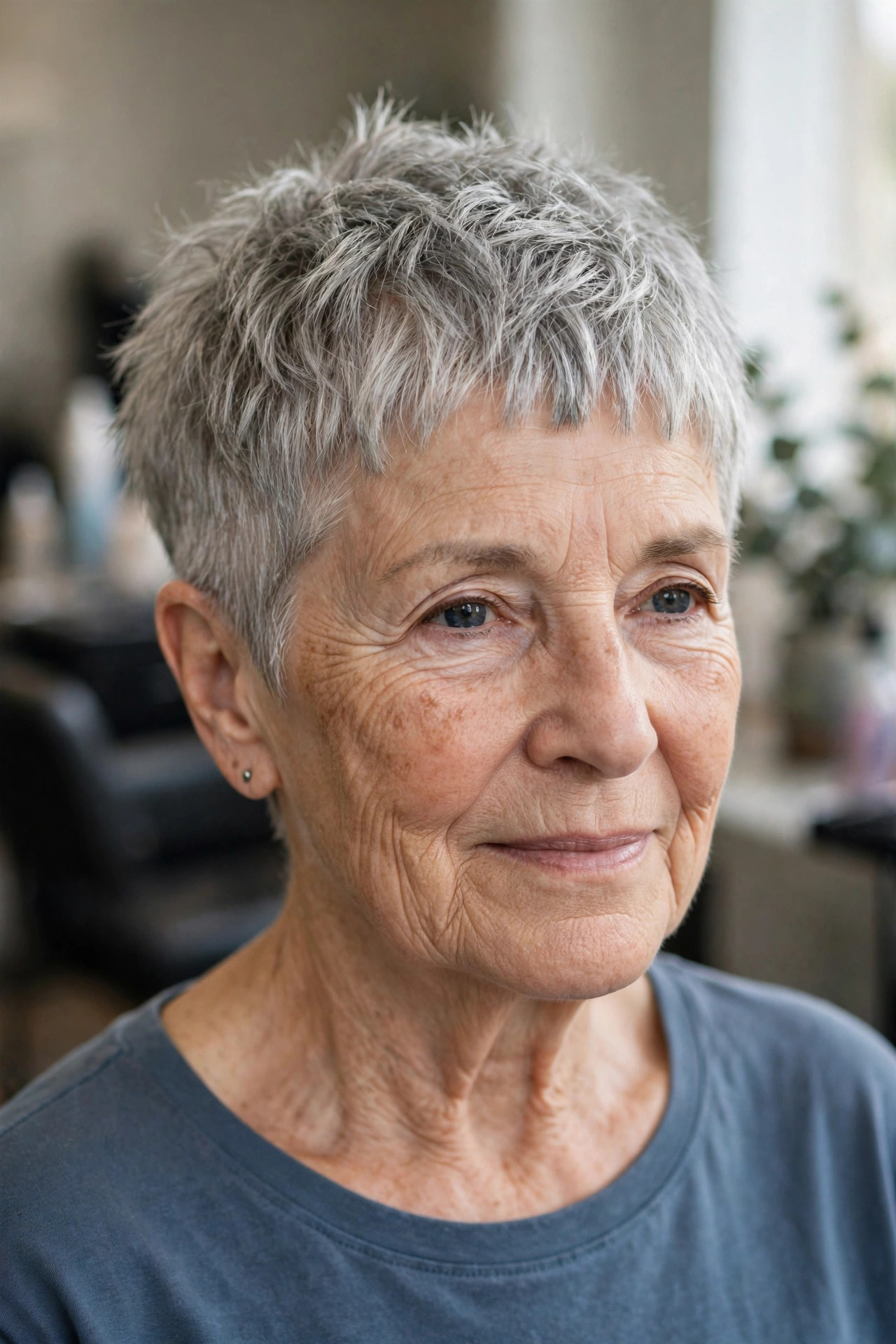 Piecey Choppy Pixie With a Micro Fringe — edgy short haircut on a woman over 60