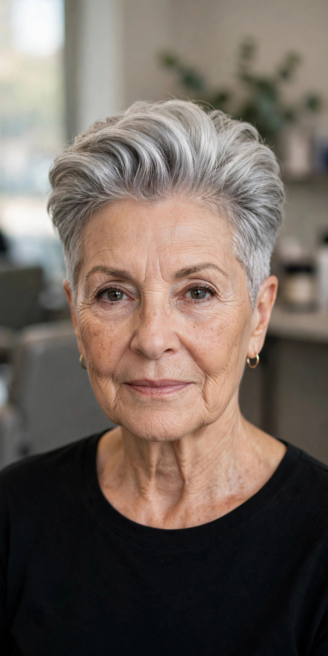 Silver Pompadour Pixie — edgy short haircut on a woman over 60