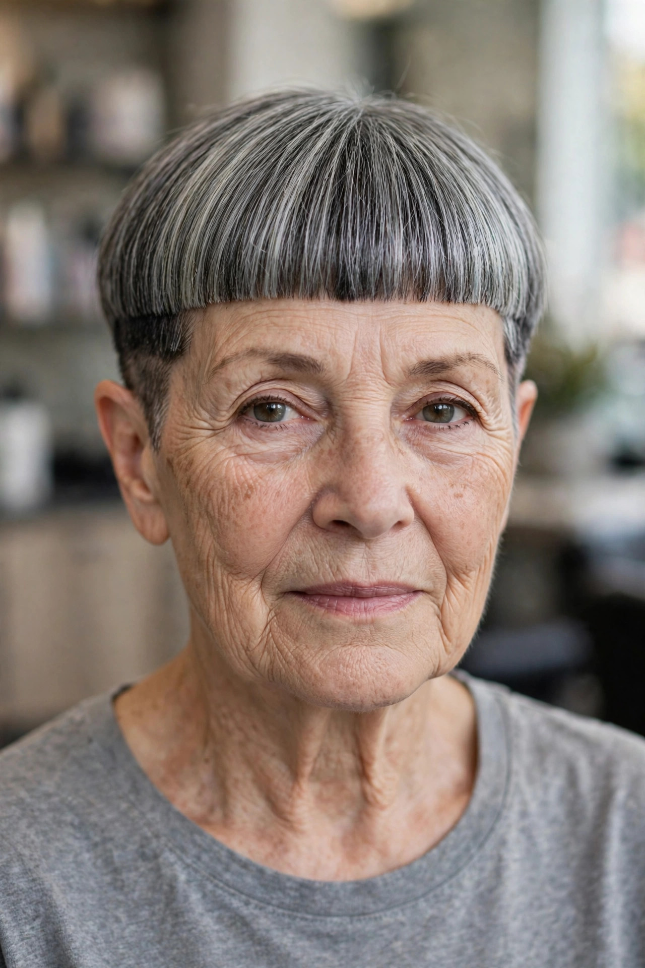 Disconnected Bowl-Inspired Crop — edgy short haircut on a woman over 60