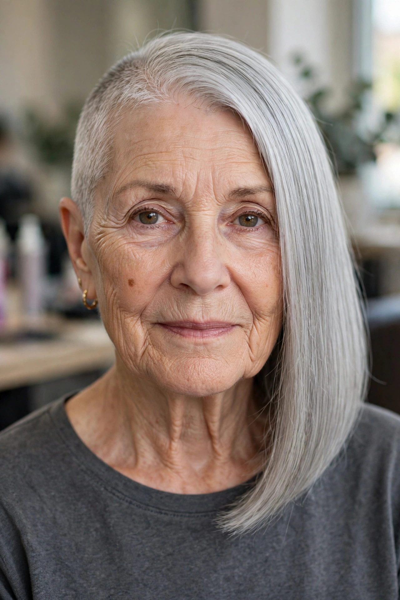 Asymmetric Silver Bob With a Shaved Side — edgy short haircut on a woman over 60