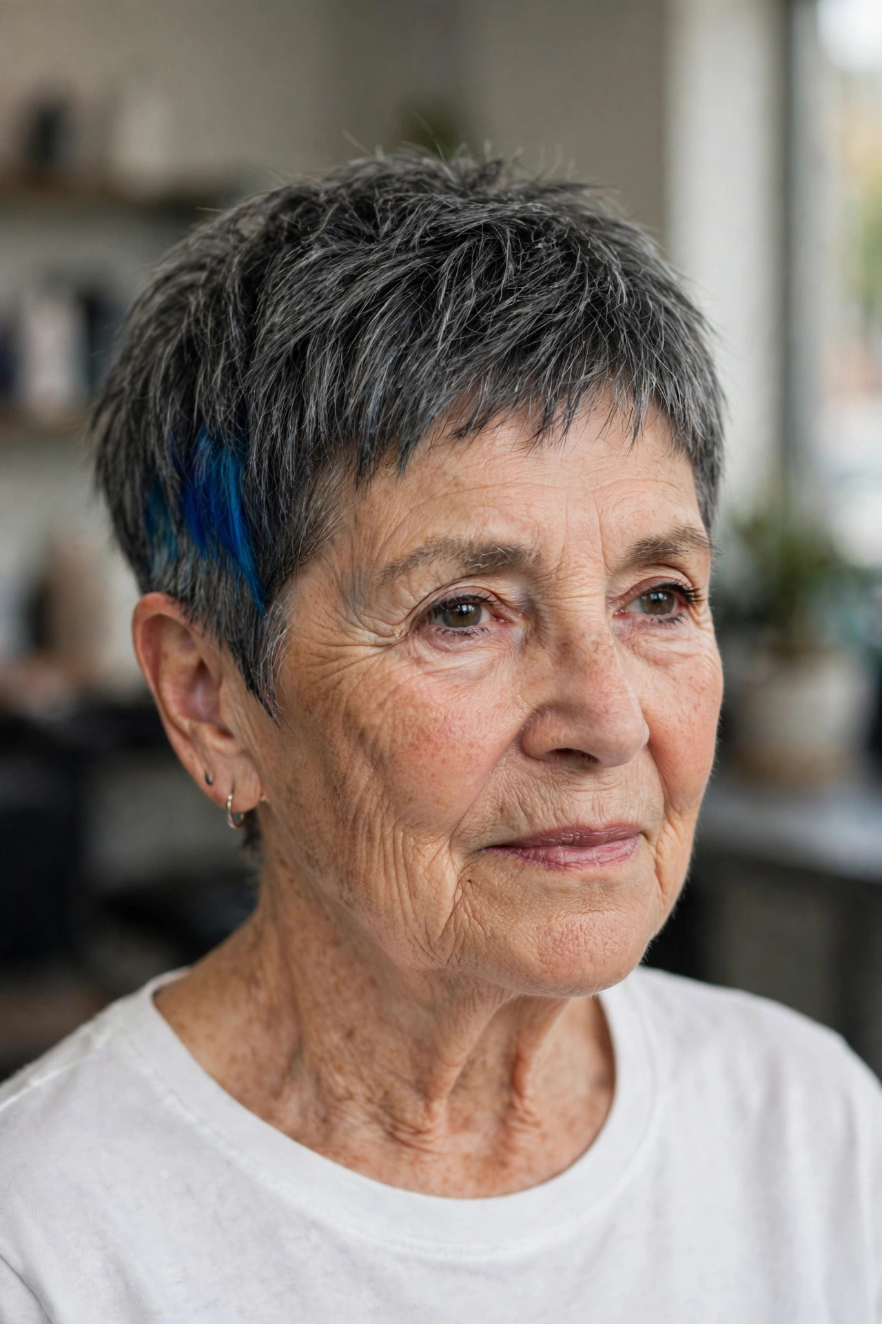 Electric Blue Peekaboo Panel on a Charcoal Crop — edgy short haircut on a woman over 60