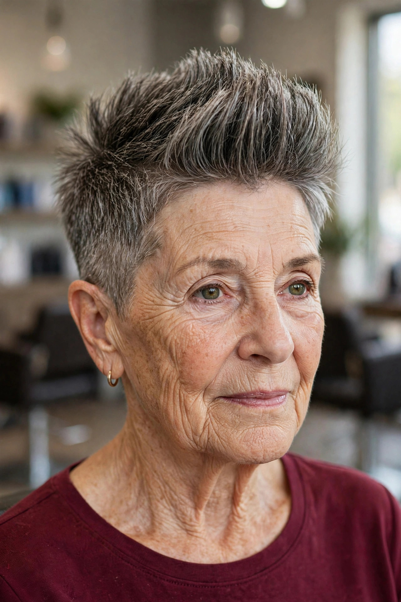 Faux Hawk Pixie in Salt and Pepper — edgy short haircut on a woman over 60