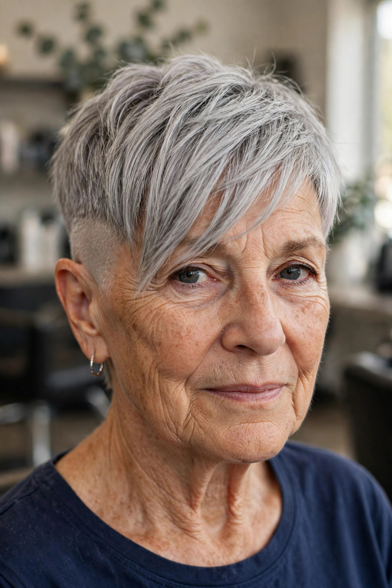 Shaved-Nape Pixie With a Long Textured Fringe — edgy short haircut on a woman over 60