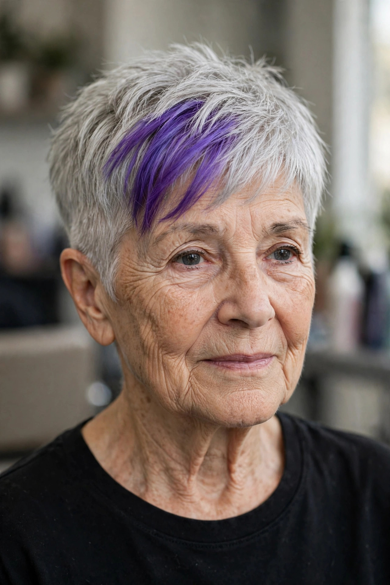 Vivid Violet Streak on a Silver Crop — edgy short haircut on a woman over 60