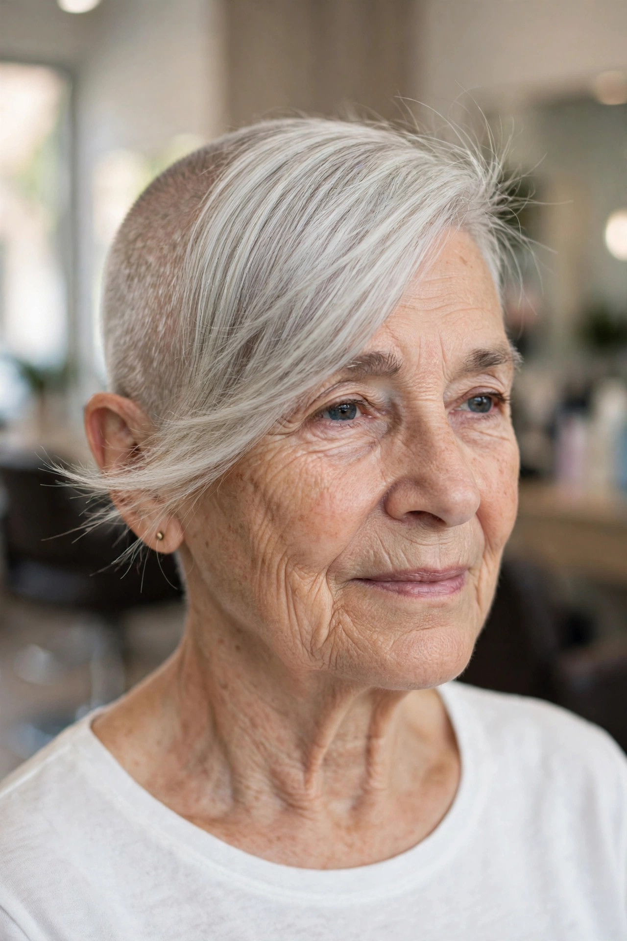 Buzz-Cut Sides With a Long Sweeping Fringe — edgy short haircut on a woman over 60