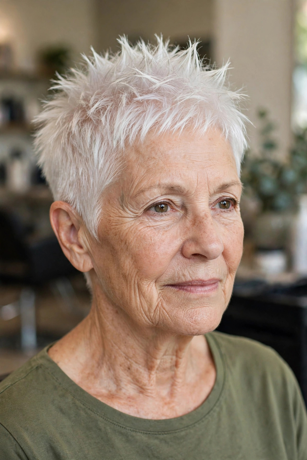 Spiky Platinum Crop — edgy short haircut on a woman over 60