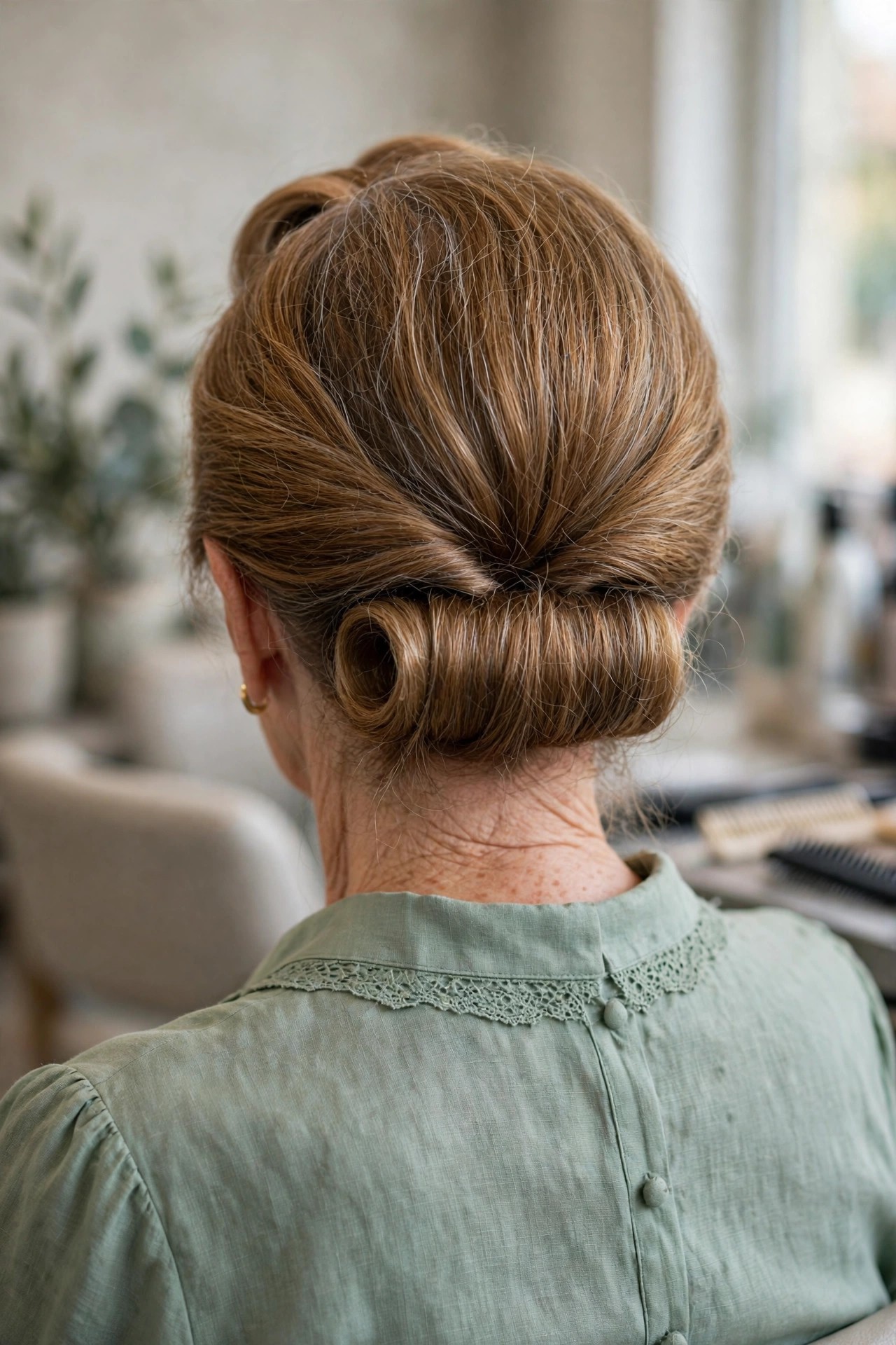 Rolled Gibson Tuck Updo - elegant mother of the bride updo on a woman over 50