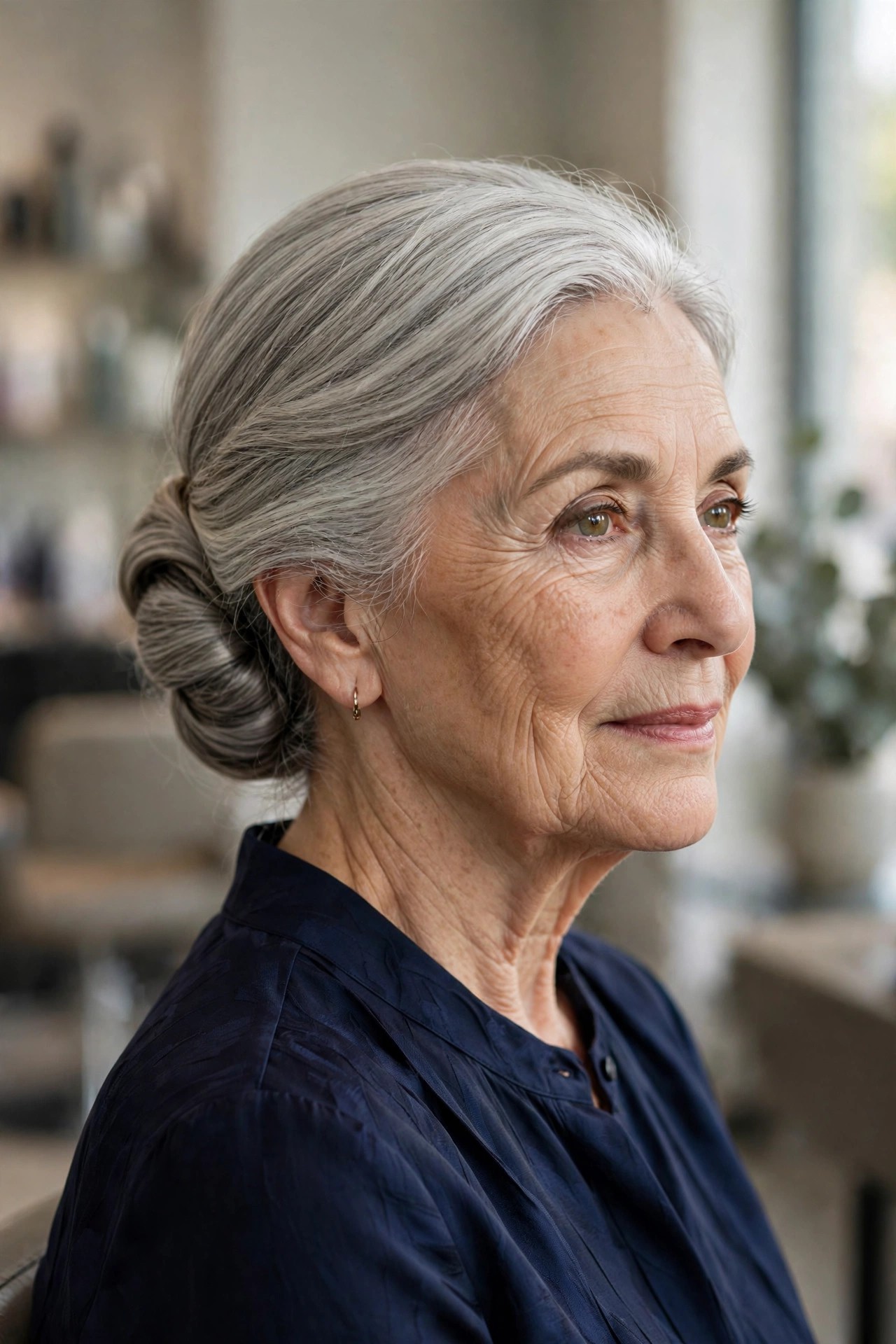 Silver-Gray Chignon - elegant mother of the bride updo on a woman over 50