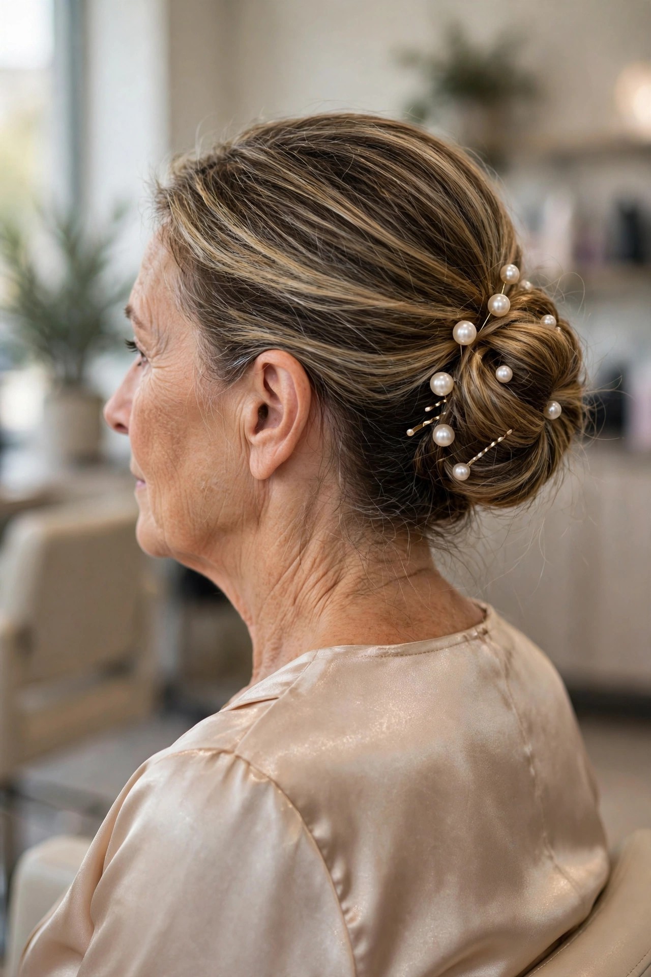 Low Updo with Pearl Pins - elegant mother of the bride updo on a woman over 50