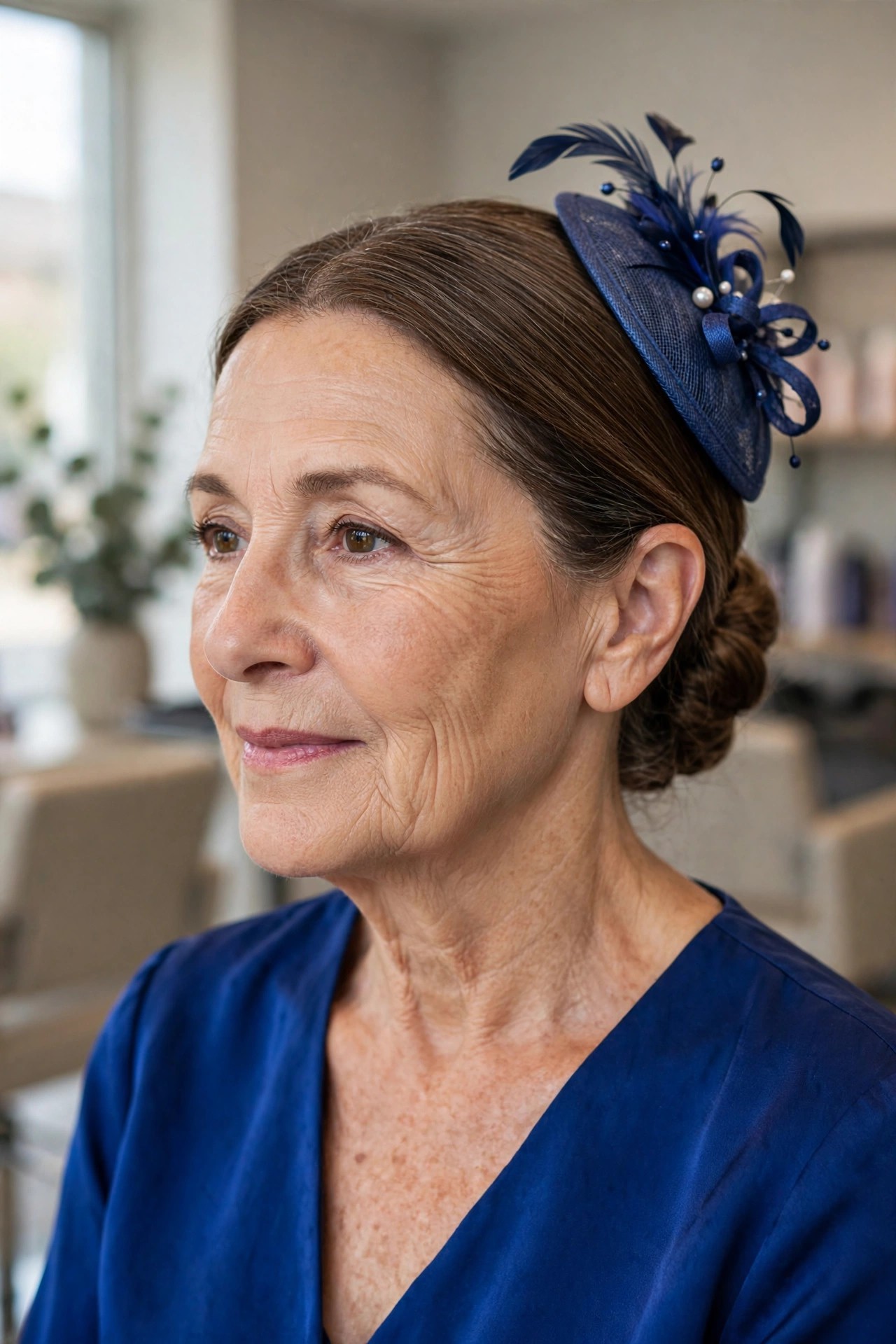 Fascinator-Friendly Flat-Side Updo - elegant mother of the bride updo on a woman over 50