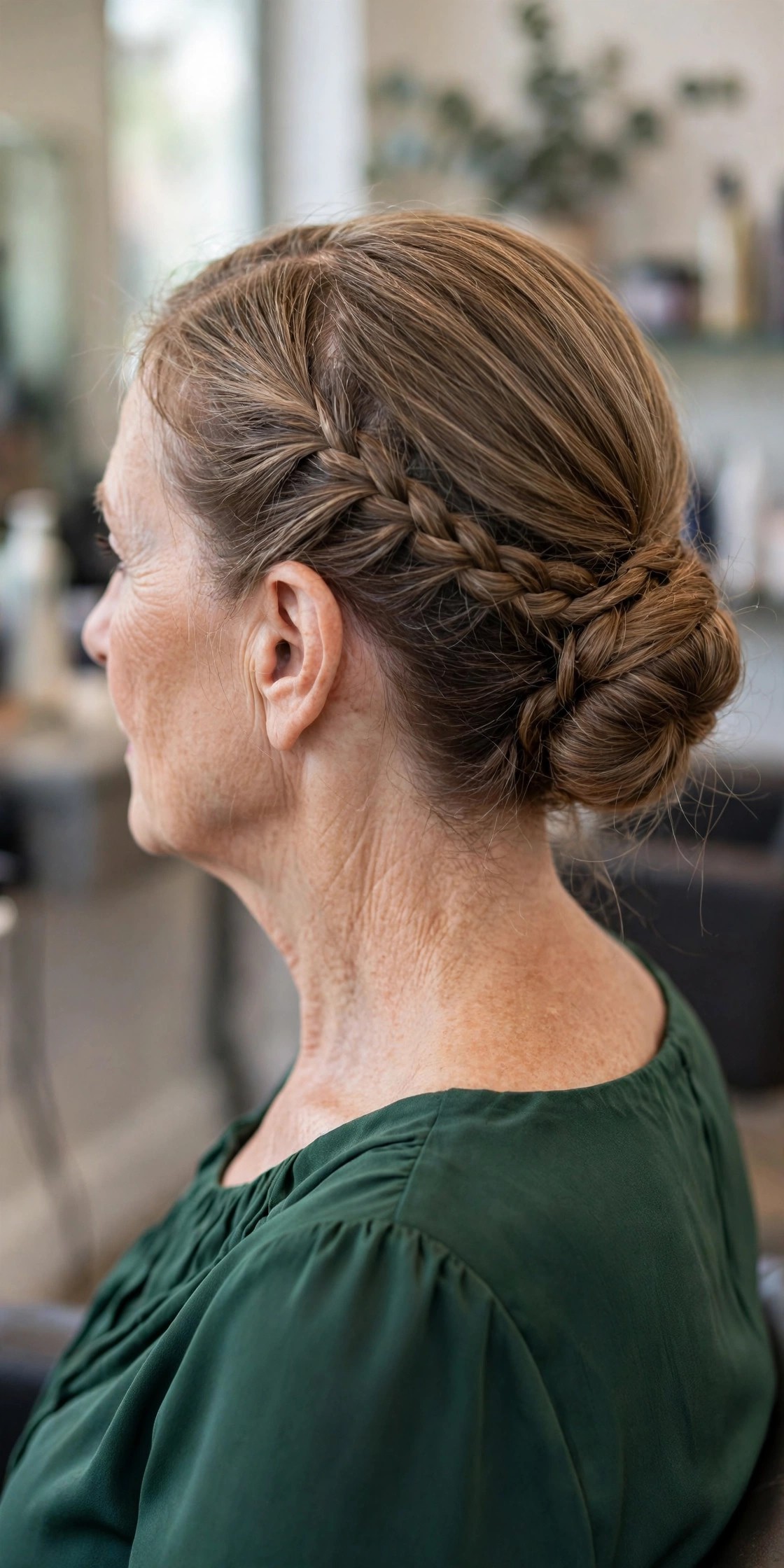 Low Bun with a Side Braid - elegant mother of the bride updo on a woman over 50