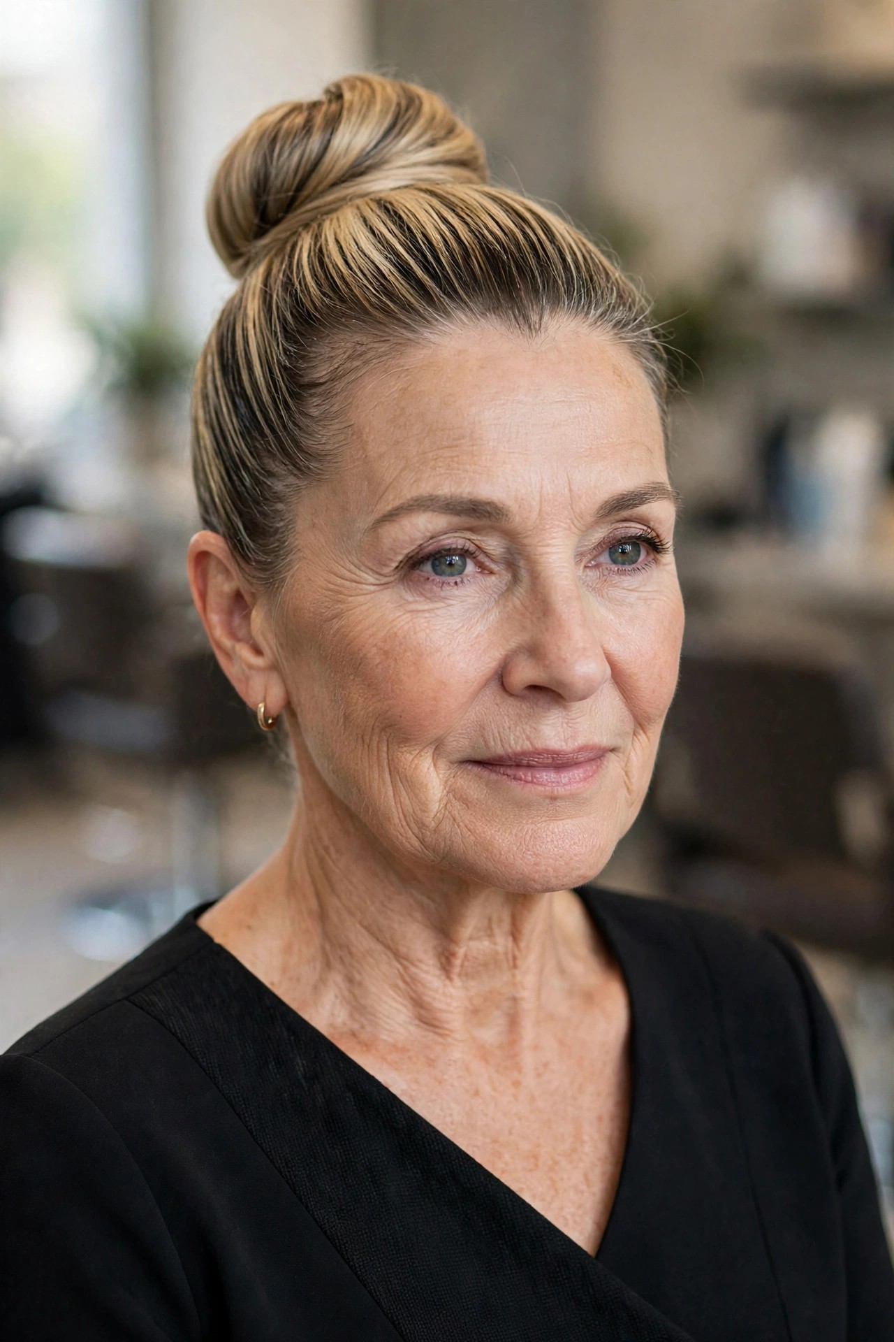 Polished High Bun - elegant mother of the bride updo on a woman over 50