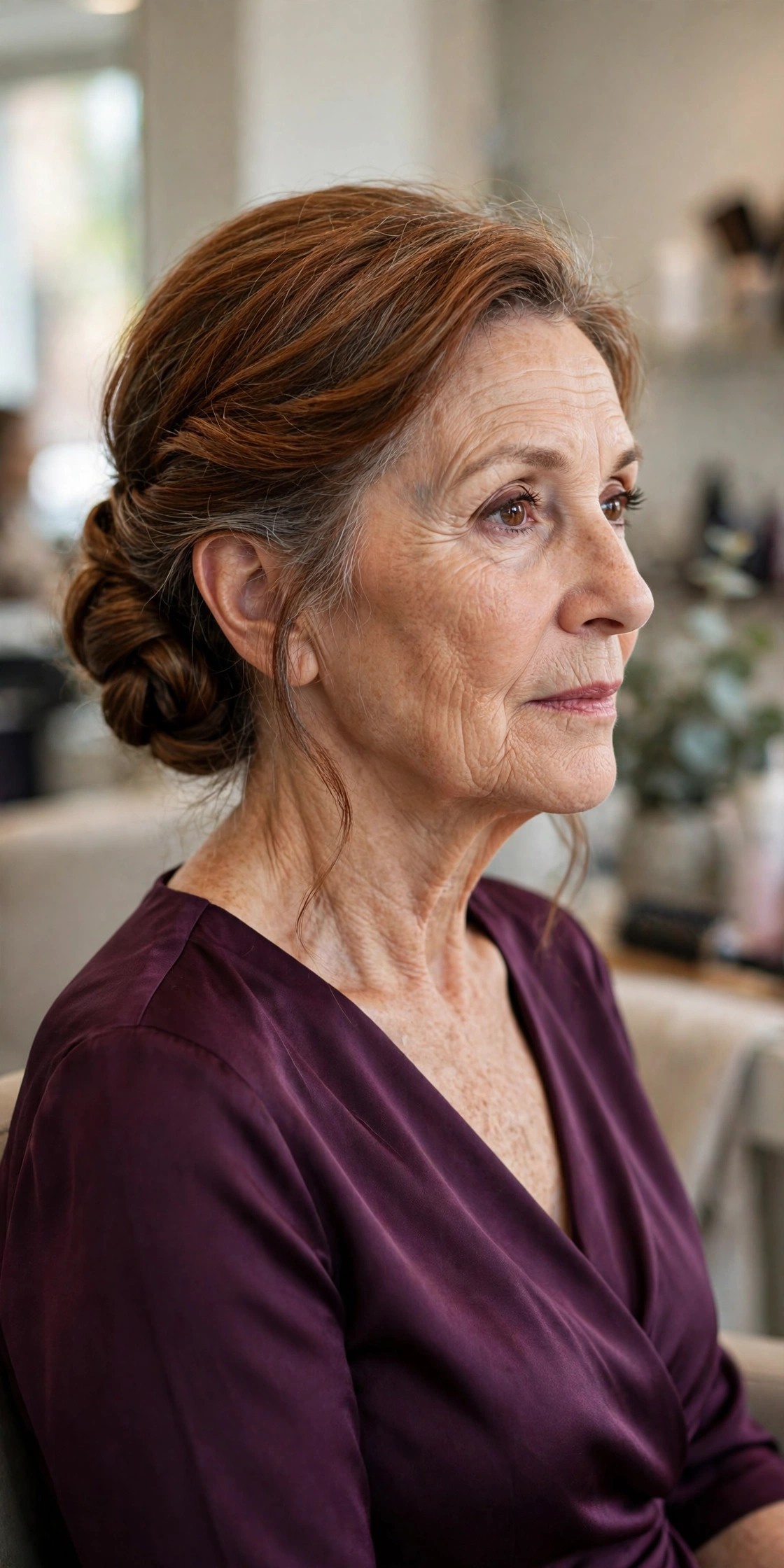 Side-Swept Chignon - elegant mother of the bride updo on a woman over 50