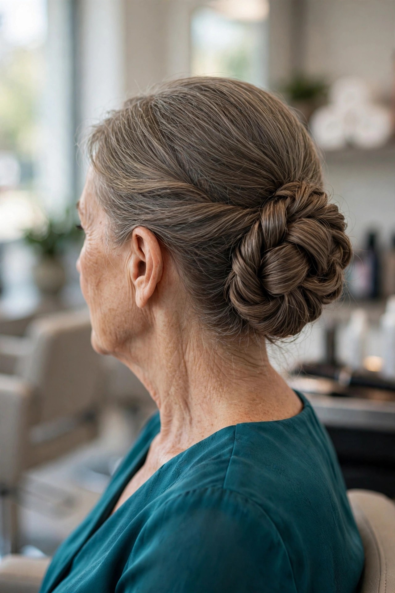 Twisted Low Bun - elegant mother of the bride updo on a woman over 50