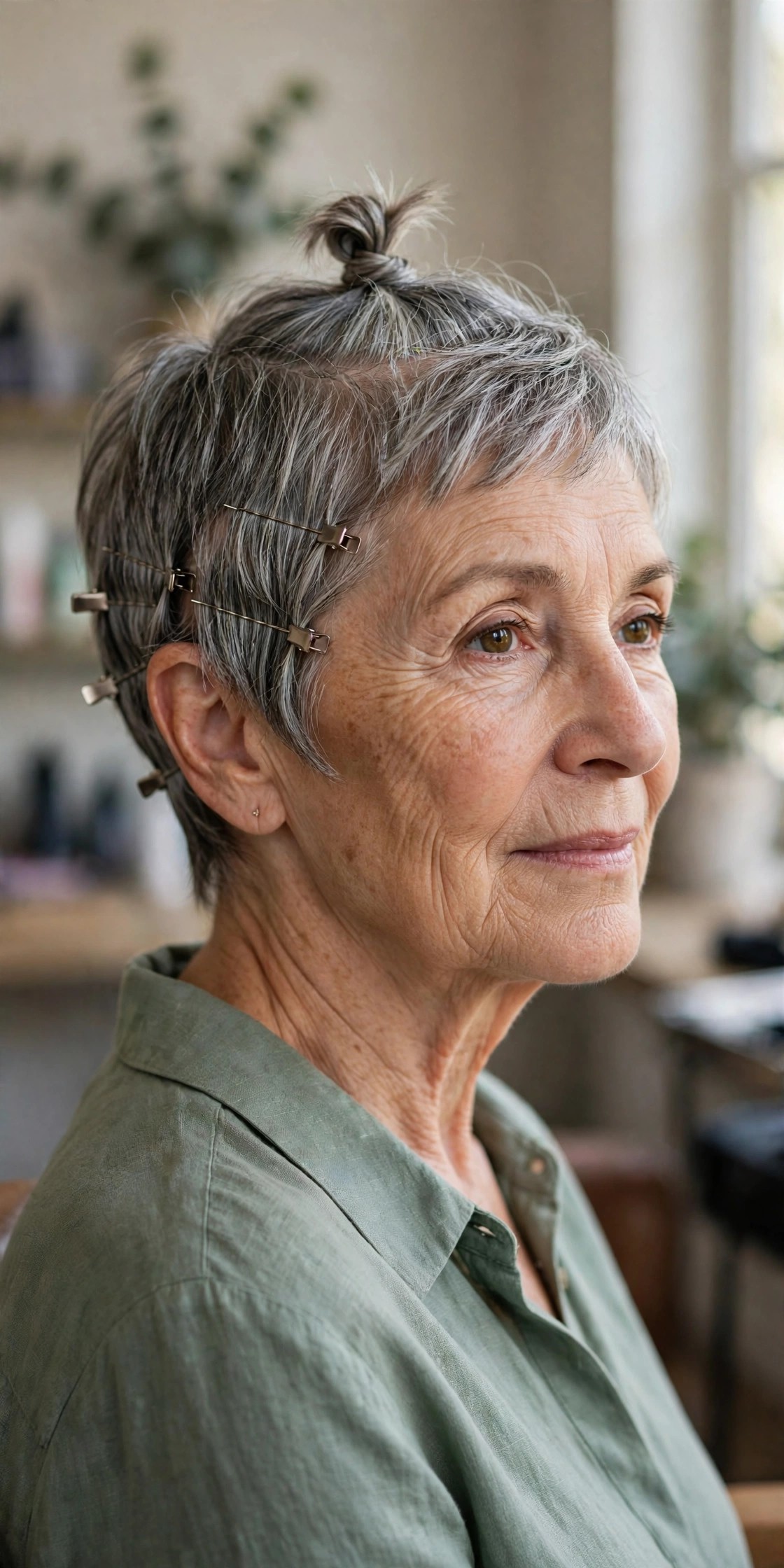 Mini Top Knot with Pinned Sides - elegant updo for short hair woman over 60